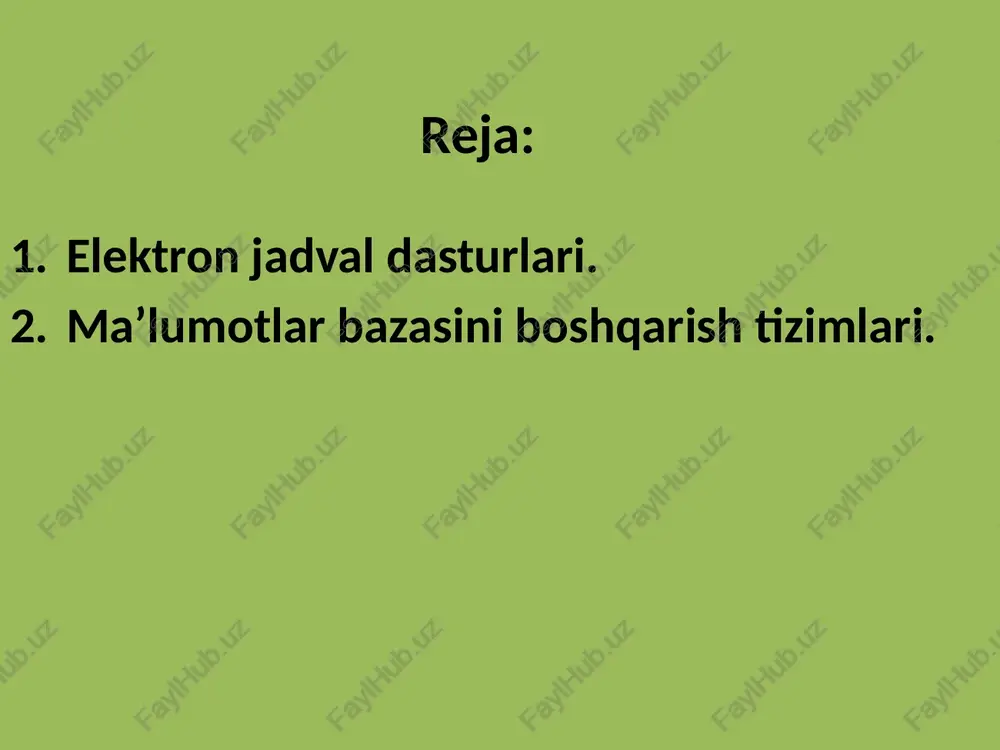 saqlanadi yoki faylga eksport qilinishi mumkin. microsoft excel dasturi microsoft excel 2010 dasturini ishga tushirish uchun ish stolidagi pusk tugmacha bosilib, hosil bo’lgan bosh menyuda vse programmi- microsoft office- microsoft excel 2010 buyrug`i beriladi. natijada quyidagi dastur oynasi ochiladi. microsoft excel 2010 oynasining elementlari 1) microsoft excel 2010 oynasining birinchi satri sarlavha deyilib, unda tezkor panel, fayl nomi, dastur nomi, boshqaqruv tugmalari joylashgan. fayl nomi kniga1, kengaytmasi esa xls, xlsx ko’rinishida bo’ladi. faylni boshqa nom bilan xotiraga olsak, fayl nomi o’zgaradi. 2) sarlavhadan pastda menyu qatori joylashgan. menyu bo`limlari: fayl, glavnaya, menyu, vstavka, razmetka stranitsi, formuli, dannie, retsenzirovanie, vid, office tab, komanda. har bir bo’limga tegishli buyruqlar lentada, tugmalar orqali berilgan. 3) lenta ostida formulalar satri joylashgan. formulalar satrining chap tomonida manzil maydoni, o’ng tomonida esa formula maydoni joylashgan. manzil maydoni kursor joylashgan manzilni aniqlaydi. formula maydoni esa joriy manzildagi son, matn yoki formula ko’rinishini ifodalaydi. joriy manzilga kiritilgan formulalar …