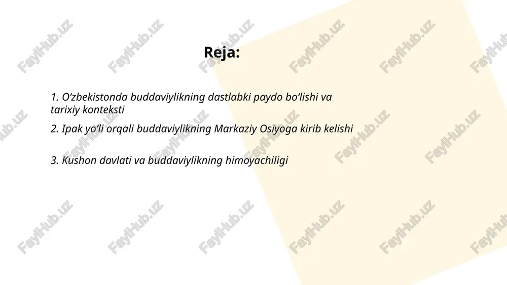 adi. ... t.me/slaydai_bot termiz markazi amudaryo sohilida joylashgan arxeologik hudud bo‘lib, uning eng muhim buddist yodgorliklari fayaztepa va kara-tepe hisoblanadi. fayaztepa milodiy i–vii asrlar orasida faol bo‘lib, stupalar, vihara xonalari va terrakota haykallar topilgan. kara-tepe milodiy i–vi/vii asrlarga taalluqli buddist monastir kompleksi, yer osti xonalari, votiv plitalar va freskalar bilan ajralib turadi. ikkala majmua ipak yo‘li va gandhara san'ati ta'sirini ko‘rsatadi; 20-asrda qazishmalar o‘tkazilgan. ... t.me/slaydai_bot termiz mintaqasida joylashgan fayaz tepa, kara tepa, ajina tepa, zurmala tepa va dalverzin tepa yirik buddist monastir komplekslari hisoblanadi. fayaz tepa va kara tepa 1–7-asrlar, ajina tepa 7-asrda faol bo‘lgan. me’moriy uslublar: g‘or-monastirlar, yog‘och ustunli zallar, gumbazli konstruksiyalar, stupa va plitalar, loy va kuydirilgan g‘isht, stuko va shisha bezaklar. gandhara, kushon va mahalliy markaziy osiyo ta’sirlari aralashmasi kuzatiladi. ... t.me/slaydai_bot termez hududidagi fayaztepa, kara-tepe va dalverzin-tepe arxeologik qazishmalarida budda haykallari, bodhisattva relieflari, sopol va tosh figurinalar topilgan. polixrom freskalar jataka hikoyalarini, monastir xonalari va …