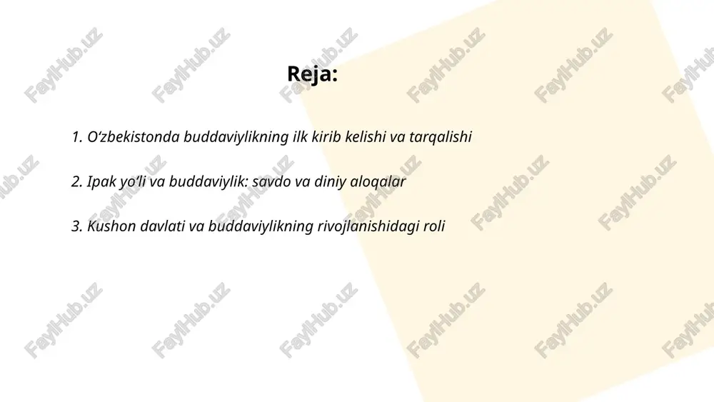 yunon-rim va buddaviy estetikani uygʻunlashtirib, haykaltaroshlikda realizm, drapirovka, toʻlqinli sochlar va haloqa tasvirlarini rivojlantirdi. ushbu uslub ipak yoʻli orqali movarounnahr va buxoro, samarqand, termiz hamda fargʻona vohalariga yetib, fayaztepa va qara-tepa kabi yodgorliklarda budda haykallari, stucco panolar va oyna bezaklarida namoyon boʻldi. gandhora taʼsiri oʻzbekistonda buddaviy ikonografiya, arxitektura elementlari va o‘ymakorlik texnikalarini shakllantirdi. ... t.me/slaydai_bot termiz yaqinidagi fayaztepa, qora-tepa va dalverzintepa buddaviy markazlari eramizning 1–4-asrlarida yashagan. arxeologik qazishmalarda stupa va monastir kompleksi, monax xonalari, reliqiya qutilari, loy va gipsdan budda haykallari, freskalar, bezakli sopol buyumlar hamda tangalar topildi. ular ipak yo‘lida diniy-madaniy almashinuv va yunon-hind-iran unsurlarining sintezi, kushon hukmronligi davrida markaziy ahamiyat kasb etdi. ... t.me/slaydai_bot stupa va vihara arxitekturasi oʻzbekistonda asosan termiz atrofida saqlangan. fayaztepa va kara-tepe stupalari yarimshar shakli, reliqiya xonasi va aylana yurish yoʻlaklari bilan kushon davri 1–4 asrlaridan. dalverzin tepe viharalari kvadrat hovli, xonalar va ganch hamda chinni bezaklari bilan 4–7 asrlar oraligʻidagi buddaviy monastir misollaridir. …