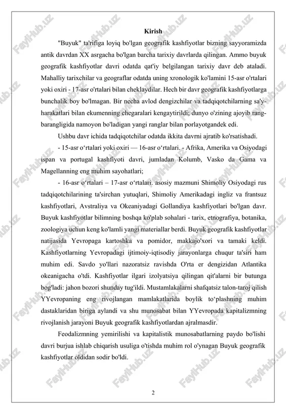 hfiyotlarning yevropadagi ijtimoiy-iqtisodiy jarayonlarga chuqur ta'siri ham muhim edi. savdo yo'llari nazoratsiz ravishda o'rta er dengizidan atlantika okeanigacha o'tdi. kashfiyotlar ilgari izolyatsiya qilingan qit'alarni bir butunga bog'ladi: jahon bozori shunday tug'ildi. mustamlakalarni shafqatsiz talon-taroj qilish yyevropaning eng rivojlangan mamlakatlarida boylik to‘plashning muhim dastaklaridan biriga aylandi va shu munosabat bilan yyevropada kapitalizmning rivojlanish jarayoni buyuk geografik kashfiyotlardan ajralmasdir. feodalizmning yemirilishi va kapitalistik munosabatlarning paydo bo'lishi davri burjua ishlab chiqarish usuliga o'tishda muhim rol o'ynagan buyuk geografik kashfiyotlar oldidan sodir bo'ldi. katta geografik kashfiyotlar jamiyat ishlab chiqaruvchi kuchlarining rivojlanishi, tovar-pul munosabatlarining o'sishi va pul mablag'larining keyingi aylanishi uchun oltin va kumushga bo'lgan ehtiyoj tufayli yuzaga keldi, chunki pul asta-sekin aylanma vositaga aylandi. yevropaliklarga ma'lum bo'lgan dunyoda (asosan o'rta er dengizi) oltin va kumushning zarur manbalari mavjud emas edi. shu bilan birga, sharqda, yevropaliklarning fikriga ko'ra, bitmas-tuganmas boyliklar yashiringan: ziravorlar, qimmatbaho metallar, ipak matolar va boshqalar. sharqni o'zlashtirish juda jozibali bo'lib qoldi. sayohatchilar …