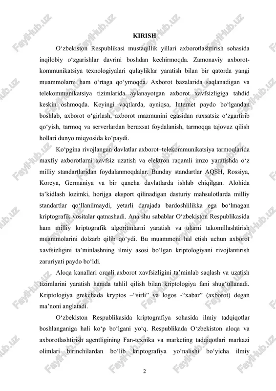 a ularni takomillashtirish muammolarini dolzarb qilib qo‘ydi. bu muammoni hal etish uchun axborot xavfsizligini ta’minlashning ilmiy asosi bo‘lgan kriptologiyani rivojlantirish zaruriyati paydo bo‘ldi. aloqa kanallari orqali axborot xavfsizligini ta’minlab saqlash va uzatish tizimlarini yaratish hamda tahlil qilish bilan kriptologiya fani shug‘ullanadi. kriptologiya grekchada kryptos –“sirli” va logos -“xabar” (axborot) degan ma’noni anglatadi. o‘zbekiston respublikasida kriptografiya sohasida ilmiy tadqiqotlar boshlanganiga hali ko‘p bo‘lgani yo‘q. respublikada o‘zbekiston aloqa va axborotlashtirish agentligining fan-texnika va marketing tadqiqotlari markazi olimlari birinchilardan bo‘lib kriptografiya yo‘nalishi bo‘yicha ilmiy tadqiqotlarni boshlab yubordilar. 1974 yilda o‘zbek olimi o‘zbekistonda xizmat ko‘rsatgan fan arbobi professor xasanov po‘lat fattoxovich tomonidan taklif etilgan diamatritsalar algebrasini xasanov xislat po‘latovich tomonidan kriptografiya masalalarini yechish uchun takomillashtirilib topilgan parametrli algebra ishlab chiqildi. buning natijasida fan-texnika va marketing tadqiqotlari markazining bosh ilmiy xodimi xasanov p.f. rahbarligida 2002 yilda kriptografiya bo‘yicha birinchi patentga talabnoma berildi. bu patent 2006 yilda o‘zbekiston respublikasi davlat patent idorasi tomonidan registratsiya qilindi va …