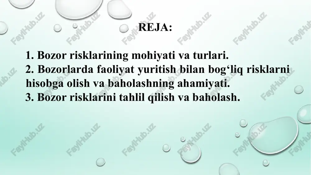 bir qancha usullardan foydalaniladi. jumladan “zararsizlik tahlili” deb nomlanuvchi baholash usuli juda ko`plab korxonalar tomonidan qo`llaniladi. zararsizlik tahlili kichik korxonalar ham, yirik korxonalar ham zararsizlik tahlilidan ikki sababga ko’ra foydalanishadi: u sodda tasavvurlarga asoslanadi va risk menejerlari korxonalar zararsizlik modelidan olingan ma’lumot qaror qabul qilish shart bo’lgan vaziyatlarda qo’l keladi deb hisoblaydilar. zararsizlik tahlili firma ishlab chiqaradigan mahsulotning zararsizlik miqdorini aniqlashda ishlatiladi. mahsulotning zararsizlik miqdori mahsulotning absolyut (mutlaq) miqdori bo’lib, u firma daromadlarining (yoki soliqlar va foizlar to’langungacha daromad) nolga teng bo’lishini ta’minlaydi. boshqacha qilib aytganda, zararsizlik tahlili tahlilchiga barcha xarajatlarni qoplash uchun qancha miqdorda mahsulot ishlab chiqarish kerakligini aniqlashda va turli ishlab chiqarish hajmlari orqali ishlab topiladigan soliqlar va foizlar to’langungacha daromadni hisoblashda yordam beradi. korxona xarajat turlari o’zgarmas xarajatlar o’zgaruvchan xarajatlar ishlab chiqarish jarayonidagi ayrim o’ziga xos o’zgarmas xarajat namunalari quyidagilar: 1. boshqaruv xodimlari ish haqi; 2. amortizatsiya; 3. sug’urta; 4.vaqtli reklama dasturlariga sarflanadigan ulgurji xarajatlar; 5. mol-mulk …