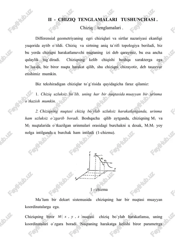 hiziq uchun esa bo`ladi. bu tenglamalar chiziqning parametrik shakldagi tenglamalari deyiladi. chiziqlarga nisbatan qo`yilgan shartlarga ko`ra, yuqorida yozilgan tenglamalarga kiruvchi , z (t), funksiyalar va ularning hosilasi uzluksizdir. agar chiziqdagi o`zgaruvchan nuqtadan xoy tekisligigacha bo`lgan masofani, ya`ni z ni parametr dab olsak, u holda chiziqning (1) tenglamalari: shaklga ega bo`ladi. chiziq xoy tekisligida yotgan bo`lsa, t parametr o`rniga x yoki y ni olish mumkin, bo`lganda chiziqning tenglamasi bo`ladi. agar deyilsa, ko`rinishda yoziladi. bu ko`rinishdagi tenglamalar chiziqning oshkor tenglamasi deyiladi . egri chiziqni fazoda ikkita sirtlarning kesishishlari natijasida hosil bo`ladi deb ham qarash mumkin . agar tenglamasi bo`lsa sirtlar o`zaro kesishganda, chiziq hosil bo`ladi. shuning uchun chiziqning tenglamasini shaklida yoza olamiz. bu tenglamalarni z – ga nisbatan hal etsak u holda ko`rinishdagi tenglama hosil qilamiz . bunday tenglamaga chiziqning oshkormas tenglamasi deb ataladi . chiziqning tenglamasini bulardan boshqa shakllarda ham yozsa bo`ladi. yuqoridagi farazlarda aytilgan shartlar bajakrilganda, chiziq tenglamalarining bir shaklidan …
