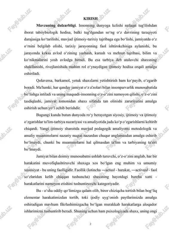 ‘lgan eng muhim va umumiy xususiyat - bu uning faolligidir. faollik (lotincha ―actus‖ - harakat, ―activus‖ - faol so‘zlaridan kelib chiqqan tushuncha) shaxsning hayotdagi barcha xatti - harakatlarini namoyon etishini tushuntiruvchi kategoriyadir. bu - o‘sha oddiy qo‘limizga qalam olib, biror chiziqcha tortish bilan bog‘liq elementar harakatimizdan tortib, toki ijodiy uyg‘onish paytlarimizda amalga oshiradigan mavhum fikrlashimizgacha bo‘lgan murakkab harakatlarga aloqador ishlarimizni tushuntirib beradi. shuning uchun ham psixologiyada shaxs, uning ongi va o‘z-o‘zini anglashi muammolari uning faolligi, u yoki bu faoliyat turlarida ishtiroki va uni uddalashi aloqador sifatlari orqali bayon etiladi. har qanday sharoitda ham barcha harakatlar ham ichki-psixologik, ham tashqi - muvofiqlik nuqtai nazaridan ong tomonidan boshqarilib boradi. ijtimoiy amaliyotning turli sohalarida ongli ravishda ishtirok etishga intilayotgan o‘z hayotini yaratuvchisi sifatida harakat qila oladigan, shaxsning ijtimoiy yo‘nalishini shakllantirish uchun shart-sharoitlar yaratish, ijtimoiy harakatlarga tayyorgarlik ko‘rish, yosh avlodlarni atrofdagi haqiqatni ijodiy o‘zgartirishga qaratilgan faoliyatga jalb qilish maqsadida maktab va boshqa ijtimoiy institutlarning …
