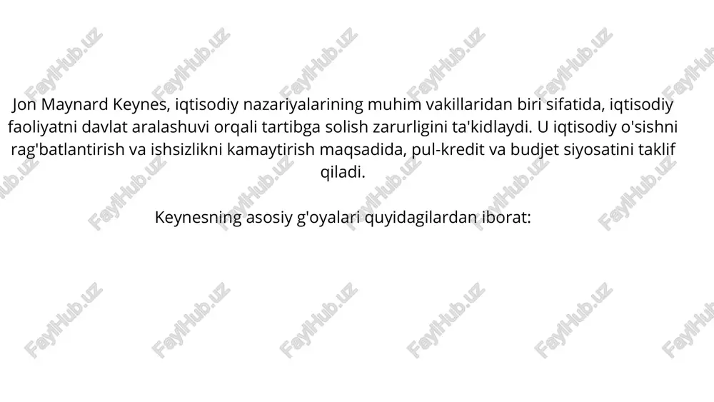 mlakatlar, jumladan: 1. amerika qo'shma shtatlari - keynesiy nazariyalar 1930-yillarda va keyinchalik iqtisodiy inqirozlarda qo'llanilgan. 2. buyuk britaniya - keynesning o'zi britaniyalik bo'lgani uchun bu mamlakatda keng tarqalg3. kanada - keynesian iqtisodiy siyosat mamlakatda muhim rol o'ynaydi. 4. avstraliya - davlat iqtisodiy siyosatida keynsian yondashuvlar mavjud. 5. yevropa ittifoqi mamlakatlari - ko'plab davlatlar, masalan, germaniya va fransiya, keynsian iqtisodiy uslublarni qo'llab-quvvatlaydi. shuningdek, rivojlanayotgan mamlakatlar ham keynsian g'oyalarni iqtisodiy siyosatlarini shakllantirishda foydalanmoqda. 5. keynsianizmning ijobiy va salbiy tomonlari quyidagilardan iborat. ijobiy tomonlari: 1. iqtisodiy barqarorlik: davlat aralashuvi orqali iqtisodiy pasayishlarni yumshatish va bandlikni saqlash mumkin. 2. ishsizlikni kamaytirish: davlat xarajatlari orqali ish o'rinlari yaratish va iqtisodiy faoliyatni rag'batlantirish. 3. ijtimoiy farovonlik: iqtisodiy muammolarni hal qilishda ijtimoiy dasturlarni qo'llab- quvvatlash orqali jamiyatning eng zaif qatlamlarini himoya qilish. 4. infratuzilmani rivojlantirish: davlat investitsiyalari orqali infratuzilma va xizmatlar sifatini oshirish. salbiy tomonlari: 1. inflyatsiya xavfi: davlat xarajatlari ko'payganda inflyatsiya yuqoriga ko'tarilishi mumkin. 2. budjet …