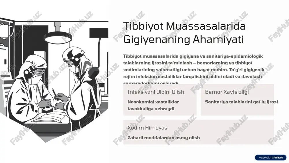 malaka oshirish dasturlari tayyorlash asbob-uskunalarni yangilash zamonaviy dezinfeksiya va sterilizatsiya texnologiyalarini kiritish hujjatlarni taqlashlash gigiyenic rejim bo'yicha jarayonlarni yozib, doimiy yangilash https://gamma.app/?utm_source=made-with-gamma infeksion xavfsizlikni ta'minlash bo'yicha chora-tadbirlar asbob-uskunalarni sterilizatsiya qilish avtoklavlar va kimyaviy dezinfektantlardan foydalanib, barcha medikal asboblarini mutlaqo sterilizatsiya qilish xavfli chiqindilarni boshqarish biomeditsina va to'ksikologik chiqindilarni xavfsiz oʻzlashtirish va neytrallash shaxsiy himoya vositalari hammasiga majburiy qo'lqop, niqob va sterile liboslardan foydalanish jarohatlar haydovasi jarohatlarning darhol antiseptik bilan tozalash va tegishli dorilar bilan davolash https://gamma.app/?utm_source=made-with-gamma loyiha doirasida ishlab chiqilgan tavsiyalar va amaliy qo'llanmalar tavsiyalar turkumi 1. gigiyenik rejim qo'llanmasi 2. xodim o'qitish kursi 3. nazorat protokoli 4. malakani oshirish dasturi asosiy manfaati qo'llanmalar xodimlar uchun tushunarli va osonlikcha amallanuvchi. ularni regulyar yangilash va amaliyotga moslashtirish zarur. https://gamma.app/?utm_source=made-with-gamma natijalar va kutilayotgan samaradorlik 40% nosokomial infeksiyani kamaytiruv 85% xodimlarning gigiyena standartini bilish darajasi 95% muassasalarning me'yorga muvofiqligiligi loyihani tatbiq etgandan keyin, tibbiyot muassasalarida infeksion xastaliklarning chastotasi sezilarli darajada kamayadi, bemor oqish …