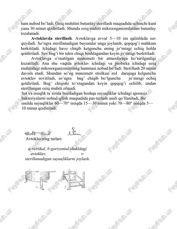 avtoklav, v-sterillanadigan suyuqliklarni joylash. yuqoridagi usullardan tashqari, sovuq sterillash usuli ham qo’llaniladi. bu holda paster-shamberlen ishlab chiqargan sopol idishlardan foydalaniladi. buning uchun sterillanadigan eritma mayda teshikchalari bo’lgan sopol fil’- trdan o’tkaziladi. biroq bakteriofaglar zeytts fil tri: a — fil trlanadigan suyuqlikni quyish uchun voronka; b —fil tr; v —havo so’rib olinadigan komovskiy nasosi. va ul’tramikroblar sopol fil’tr orqali o’tib ketadi. shuning uchun bunday fil’ tratda mikroblar bo’lmaydi deyish noto’g’ri. keyingi yillarda asbestdan yasalgan zeyts fil’tridan ham foydalanilmoqda. quritkich shkaflar: a- zamonaviy shkaf; b — paster pechkasi. sterillangan oziq muhitlarini sterillangan idishlarga solish kerak. shu sababli idishlar ham quruq issiqda barvaqt sterillab qo’yilishi kerak. buning uchun paster pechkasi yoki quritkich shkaflar ishlatiladi. petri va kox idishlari, probirkalar va ishlatiladigan boshqa buyumlar qog’ozga o’ralib, quritish shkafiga joylanadi va temperatura 150—160° ga yetguncha 2 soat davomida qizdiriladi. tajribada foydalaniladigan mikroorganizmlarni parvarish qilish uchun turli sxemada ishlangan termostatlar qo’llaniladi. termo-statda mikroorganizm uchun zarur bo’lgan …