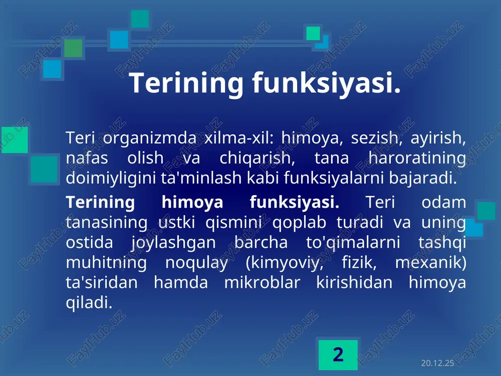 mentlarida, uzunchoq miyada, oraliq miyaning gipotalamik sohasida hamda bosh miyayarim sharlarining po'stloq qismida joylashgan. * * teri yog' bezlari. terida yog' bezlari bo'lib, ulardan ajraladigan yog' terini, sochni yumshatadi. ayollar terisining ko'krak sohasida bir juft sut bezlari joylashgan. bu bezlardan ajraladigan sut tarkibida 1,5% oqsil, 4,5% yog', 6,5% uglevodlar, 0,3% har xil mineral tuzlar, 87% suv hamda vitaminlar va har xil fermentlar bo’ladi. ona suti bola bir yoshga kirguncha unga asosiy va muhim oziq bo'lib hisoblanadi. ona sutida antitelalar bo'lib, ular bolani har xil yuqumli kasalliklardan himoya qiladi, ya'ni immunitet vazifasini bajaradi. sog'lom ayolning ko'krak bezlaridan bir kecha-kunduzda 1—1,5 l va undan ko'proq sut ajraladi. * * * terining nafas olish funksiyasi. teri organizmda gazlar almashinuvida ishtirok etadi. hujayra va to'qimalarda moddalar almashinuvi natijasida hosil bo'lgan karbonat angidrid gazining 2% i teri orqali tashqi muhitga, qariyb 98% i nafas organlari orqali ajratiladi. odam organizmiga bir kecha-kunduzda zarur bo'lgan kislorodning 1% …