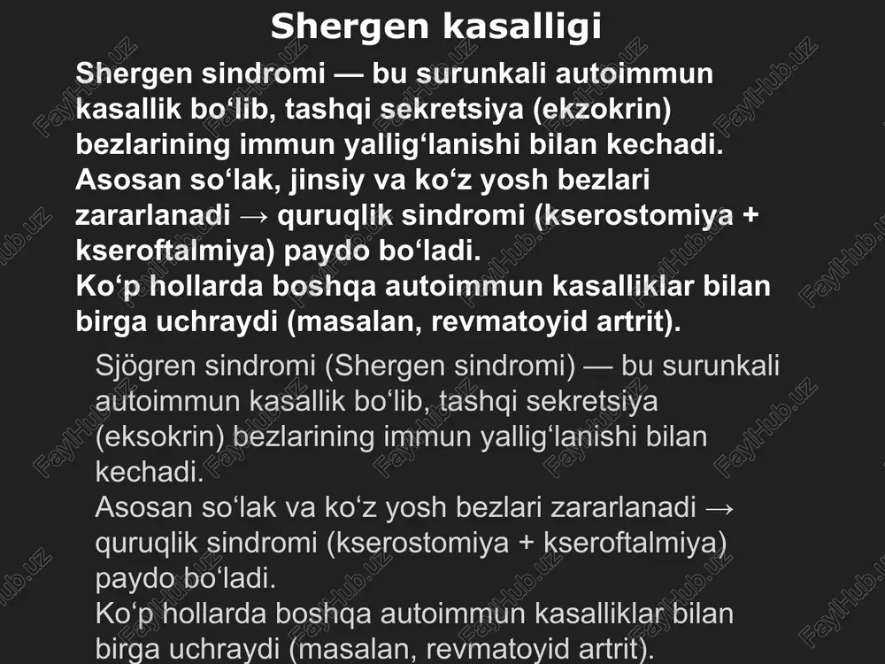 lari — revmatoyid artritga o‘xshash. asosiy triada: 1. kseroftalmiya — ko‘z qurishi, achishish, kon’yunktivit. 2. kserostomiya — og‘iz qurishi, tish kariesi, yutish qiyin. 3. so‘lak bezlarining kattalashuvi — parotitga o‘xshash shish, og‘riqli yoki og‘riqsiz. charchoq, holsizlik, past harorat. teri quruqligi, qichishish. buyrak, o‘pka, jigar, qalqonsimon bez zararlanishi mumkin. uzoq davom etganda limfoma (bezli o‘sma) rivojlanish xavfi ortadi. charchoq, holsizlik, past harorat. teri quruqligi, qichishish. buyrak, o‘pka, jigar, qalqonsimon bez zararlanishi mumkin. uzoq davom etganda limfoma (bezli o‘sma) rivojlanish xavfi ortadi. bosqichlari (rivojlanish ketma-ketligi) bosqich jarayon belgilar i-bosqich (yashirin) autoantitanachalar hosil bo‘la boshlaydi, yengil yallig‘lanish hech qanday aniq belgi yo‘q yoki engil ko‘z quruqligi ii-bosqich (faol) bezlarda limfotsitlar to‘planadi, sekret kamayadi ko‘z va og‘iz quriydi, so‘lak bezlari shishadi iii-bosqich (kech, fibroz) bez hujayralari o‘lib, fibrozlanadi doimiy quruqlik, bez faoliyati yo‘qoladi, boshqa organlar zararlanadi diagnostika 🔹 laborator tekshiruvlar: ana (antinuklear antitanacha) – musbat anti-ssa (ro), anti-ssb (la) – xarakterli rf (revmatoyid faktor) …