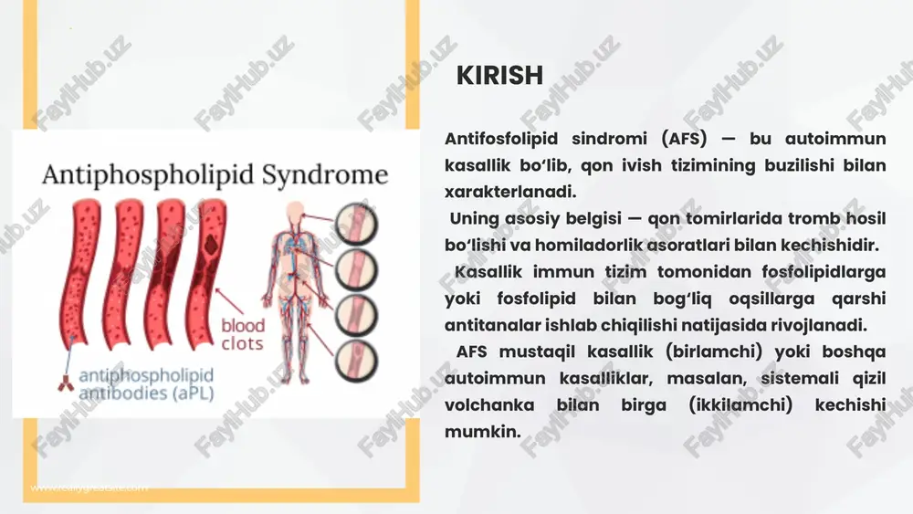 autoimmun kasallik fonida yuzaga keladi. shuningdek, katastrofik afs shakli ham mavjud bo‘lib, u qisqa vaqt ichida ko‘p organli tromboz bilan kechadi va hayot uchun xavfli hisoblanadi. klinik belgilari afsning asosiy klinik belgisi — qon tomirlarida tromboz hosil bo‘lishidir. venoz trombozlar ko‘pincha oyoq venalarida yuzaga keladi va o‘pka emboliyasiga olib kelishi mumkin. arterial tromboz esa miya insulti, yurak infarkti yoki ko‘rish nervi ishemiyasi shaklida namoyon bo‘ladi. ayollarda takroriy homila tushishi, erta tug‘ruq, yo‘ldoshning ajralishi kabi asoratlar tez-tez uchraydi. ba’zi bemorlarda terida livedo retikularis, trombositopeniya va böyrak yetishmovchiligi kuzatiladi. og‘ir hollarda katastrofik afs rivojlanib, qisqa muddatda ko‘p organli tromboz bilan kechadi. afs tashxisi uchun asosiy uchta marker aniqlanadi: lupus antikoagulyanti, antikardiolipin antitanalari va anti-β2 glikoprotein i antitanalari. bu antitanalar kamida ikki marta, 12 haftalik oraliqda musbat bo‘lishi kerak. lupus antikoagulyanti aptt testini cho‘zadi, bu esa qon ivishining buzilganini ko‘rsatadi. elisa usuli orqali antikardiolipin va anti-β2gpi antitanalari aniqlanadi. qonning ivish ko‘rsatkichlari, trombositlar soni …