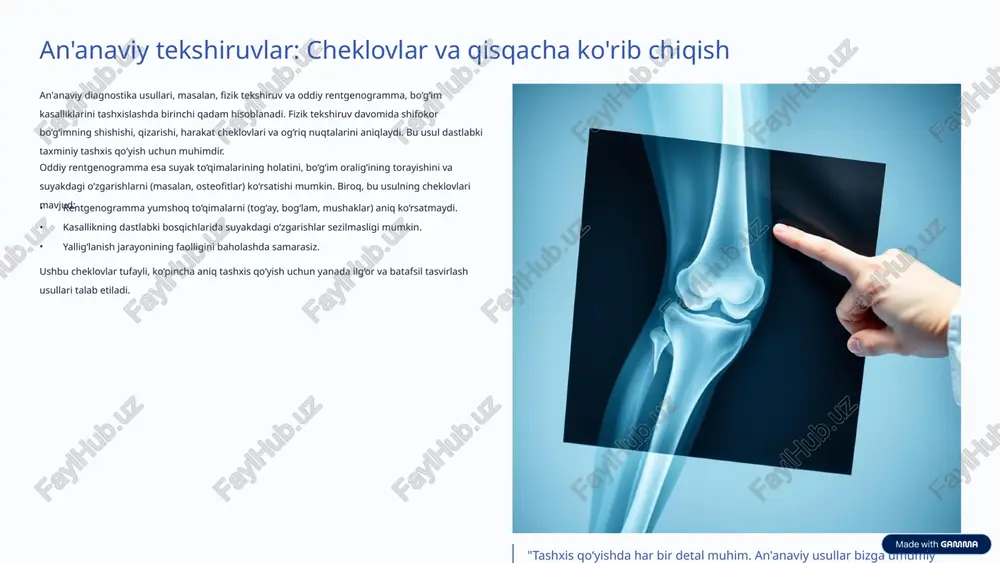 gi boshqa patologiyalarni aniqlashda juda foydali. cheklovlari: yumshoq to‘qimalar (tog‘ay, bog‘lamlar, menisklar) haqida kam ma'lumot beradi. 2 kompyuter tomografiyasi (kt) afzalliklari: suyaklarning yuqori aniqlikdagi tasviri. cheklovlari: mrtga nisbatan yumshoq to‘qimalarni kamroq aniqlikda tasvirlaydi va radiatsiya yukini beradi. ikkala usul ham bo‘g‘im diagnostikasida muhim rol o‘ynasa-da, ularning har biri o‘ziga xos afzalliklarga va cheklovlarga ega. shuning uchun, tashxis qo‘yishda bemorning klinik holatiga va shifokorning maqsadiiga qarab tegishli usul tanlanadi. kt rentgen nurlari yordamida bo‘g‘imning uch o‘lchovli tasvirini yaratadi. bu usul suyak tuzilmalarini, suyakdagi mayda sinishlarni, o‘smalarni va murakkab anatomik anomaliyalarni batafsil ko‘rsatadi. ayniqsa, travmatik shikastlanishlar va murakkab suyak kasalliklarida qo‘llaniladi. 3 magnit-rezonans tomografiyasi (mrt): batafsil tasvirlash imkoniyatlari magnit-rezonans tomografiyasi (mrt) bo‘g‘im kasalliklarini tashxislashda eng ilg‘or va batafsil tasvirlash usullaridan biridir. rentgen nurlari o‘rniga magnit maydon va radio to‘lqinlardan foydalanadi, bu esa yumshoq to‘qimalarning yuqori aniqlikdagi tasvirini olish imkonini beradi. yumshoq to‘qimalarni aniq tasvirlash: mrt tog‘ay, menisk, bog‘lamlar, paylar, mushaklar va bo‘g‘im …