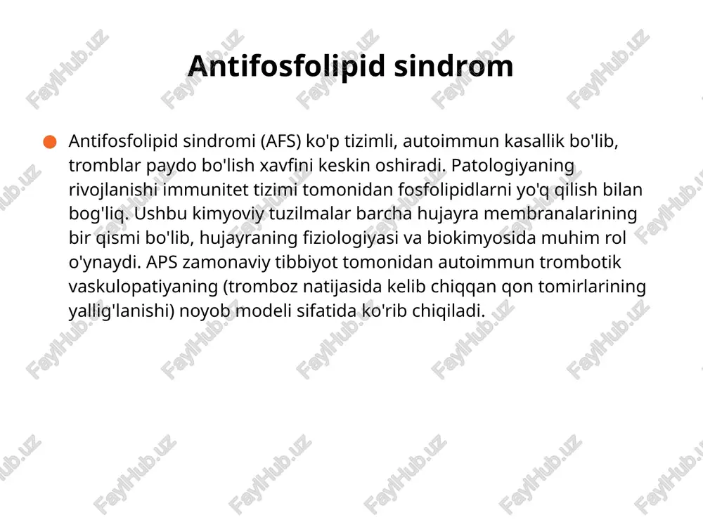ar; jigar; to'r pardasi; buyrak usti bezlari; bronxopulmoner tizim. bu organlarning ishlashida buzilishlarni ko'rsatadigan ma'lum belgilarga olib keladi. agar asab tizimi ta'sir qilsa, odam rivojlanishi mumkin: insult; migren; eshitish qobiliyatining buzilishi; vizual patologiyalar; ruhiy kasalliklar. miyokard shikastlanganda, klapanlarning shikastlanish xavfi ortadi, bu esa orttirilgan yurak nuqsonlarining shakllanishiga olib keladi. tromboz fonida yurak xuruji xavfi ham ortadi. aps ning teri ko'rinishlari: trofik yaralar; tirnoq ostidagi terida qon ketishi; akrosiyanoz: barmoqlar va oyoq barmoqlari terisining ko`krangi, kichik tomirlarning tiqilib qolishi tufayli lablarning ko`krangi; livedo retikularis (venulalarning kengayishi, kislorod kamaygan qonni to'kadigan kichik tomirlar va kapillyar tromboz natijasida yuzaga kelgan marmar naqsh). aps bilan og'rigan ayollarda homiladorlik juda qiyin. har qanday bosqichda yuqori xavf mavjud: spontan abort; fetoplasental etishmovchilik; gipoksiya tufayli homila rivojlanishining kechikishi. aps tashxisi uchun kamida bitta klinik kriteriya va bitta laboratoriya kriteriyasi bajarilishi lozim: klinik kriteriyalar: bir yoki bir nechta arterial yoki venoz tromboz hodisalari (tasdiqlangan), yoki homiladorlik bilan bog‘liq …