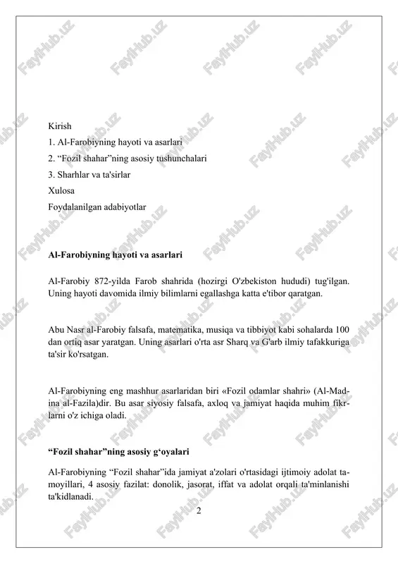 shi va ijtimoiy tabaqalar al-farobiy jamiyatni ideal shahar (madina al-fozila) tomon yo'naltiradigan o'zaro yordamga asoslangan organ sifatida tasvirlaydi, bunda har bir a'zo o'z vazifasini bajaradi. al-farobiy jamiyatning ijtimoiy tabaqalanishini aql-zakovat, axloqiy fazilatlar va kasbiy mahoratga asoslangan ierarxik tuzilish sifatida ko'radi, eng yuqorisida faylasuf-hukmdor turadi. jamiyatning asosiy maqsadi baxtga erishishdir, bu esa adolatli boshqaruv, ta'lim va ijtimoiy hamkorlik orqali amalga oshiriladi, bu esa 3 asosiy tamoyilga asoslanadi. axloq va fazilatlar al-farobiy axloqni ilm va amaliyot birligi deb hisoblab, insoniy kamolotga erishishda 3 asosiy omilni: aql, iroda va his-tuyg'ularning uyg'unligini ta'kidlaydi. fozil shaharda axloqiy fazilatlar 4 asosiy guruhga bo'linadi: donolik (hikmat), adolat (adalat), jasurlik (shijoat) va iffatlilik (iffat), har biri jamiyat barqarorligini ta'minlaydi. al-farobiyning fikricha, baxtga erishish yo'li axloqiy kamolotdan o'tadi, bu esa 5 muhim qobiliyatni rivojlantirishni talab etadi: aql, tafakkur, xotira, tasavvur va his qilish. rahnaning roli va vazifalari farobiy rahbarlikni ijtimoiy birdamlikni mustahkamlovchi omil sifatida ko'radi, chunki u jamiyatning 2 …