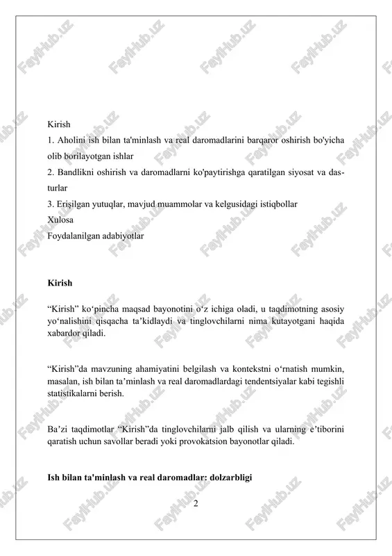 tishni maqsad qilgan, bu asosan investitsiyalarni jalb qilish va biznesni qo'llab-quvvatlash orqali amalga oshiriladi. real daromadlar dinamikasi: tahlil real daromadlar dinamikasi inflyatsiya darajasini hisobga olgan holda, 2023-yilda 12% ga oshdi, bu esa xarid qobiliyatining sezilarli o'sishini ko'rsatadi. tahlillar shuni ko'rsatadiki, aholining eng kam ta'minlangan 20% qismi uchun real daromadlar o'sishi o'rtacha o'sishdan 5% ga yuqori bo'ldi. mehnat unumdorligining 8% ga oshishi real daromadlarning o'sishiga asosiy omil bo'ldi, bu esa ishlab chiqarish samaradorligini oshirishga bog'liq. ish o'rinlarini yaratish bo'yicha davlat siyosati davlat "2022-2026 yillarga mo'ljallangan yangi o'zbekistonning taraqqiyot strategiyasi" doirasida har yili kamida 500 mingta yangi ish o'rinlari yaratishni maqsad qilgan. bandlikni ta'minlash davlat fondi 2023-yilda 1 trillion so'mdan ortiq mablag'ni tadbirkorlikni qo'llab-quvvatlash va ish o'rinlarini yaratishga yo'naltirdi. o'zbekistonda 2024-yil davomida xususiy sektorda kamida 60 foiz yangi ish o'rinlarini yaratish, davlatning bu sohadagi siyosatining muhim qismidir. kichik biznes va xususiy tadbirkorlikni qo'llab-quvvatlash mikro biznesni rivojlantirish uchun soliq yukini kamaytirish maqsadida, 2023-yildan …