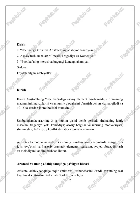 diy, to'liq harakatning taqlidi bo'lib, unda so'zlar bezatilgan shaklda, har bir qismida alohida ishlatiladi. aristotel tragediyani qo'rquv va rahm-shafqat orqali katarsisga olib keladigan hodisa sifatida ta'riflaydi, bu tomoshabinning hissiy tozalanishiga yordam beradi. tragediya qahramonining taqdiri, odatda, o'zining halokatli xatosi (hamartiya) tufayli o'zgaradi, bu esa baxtdan baxtsizlikka o'tishga sabab bo'ladi. tragediyaning unsurlari aristotel fojianing 6 ta asosiy unsurini ajratib ko'rsatadi: syujet (voqea rivoji), xarakter, fikr, diksiya (nutq uslubi), musiqa va tomosha. syujet eng muhim element hisoblanadi. fojia qahramonining taqdiri odatda 'hamartiya' tufayli halokatga olib keladi, bu esa qahramonning xatosi yoki hukmronlikdagi noaniqlikdir, natijada fojiali burilish sodir bo'ladi. aristotel 'katarsis' tushunchasini ta'kidlaydi, bu fojia orqali qo'zg'aladigan qo'rquv va achinish hissiyotlarini tozalash, tomoshabinlarda emotsional bo'shashishni keltirib chiqaradi. syujet (mif) syujet (mif) voqealarning mantiqiy ketma-ketligini aks ettiradi, sabab-oqibat bog'liqligi asosida rivojlanadi, 5-bobda aristotel buni ta'kidlaydi. syujet (mif) 6 elementning eng muhim qismi bo'lib, personajlar harakatlarini birlashtiradi va dramatik ta'sirni kuchaytiradi, 9-bobda aytilgan. aristotelning fikricha, …