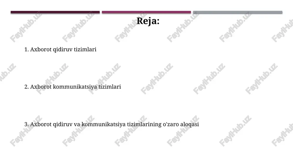 ik aniq'lik, tp / (tp + fp) formula bilan o'lchanadi, qanchalik to'g'ri topilgan natijalar ekanligini ko'rsatadi. 1.0 aniqlik faqat to'g'ri natijalarni qaytaradi. to'liqlik, tp / (tp + fn) formula orqali hisoblanadi, kerakli natijalarning qanchalik to'liq topilganini ifodalaydi. 0.8 to'liqlik kerakli 80% natijani topganini bildiradi. axborot kommunikatsiya tizimlari: ta’rif va vazifalar axborot kommunikatsiya tizimlari (akt) ma'lumotlarni yig'ish, qayta ishlash, saqlash va uzatish uchun mo'ljallangan texnik vositalar va dasturiy ta'minotlar yig'indisidan iborat kompleks tizimdir. akt vazifalari axborot resurslaridan samarali foydalanishni ta'minlash, masofadan turib o'qitish, telemeditsina, elektron hukumat xizmatlari kabi sohalarda 24/7 xizmat ko'rsatish imkoniyatini yaratadi. axborot kommunikatsiya texnologiyalari (akt) infratuzilmasi akt infratuzilmasi tarkibiga telekommunikatsiya tarmoqlari kiradi, jumladan 4g va 5g mobil aloqa, bu davlat xizmatlari va iqtisodiyot tarmoqlari uchun ma'lumot uzatish imkoniyatini ta'minlaydi. o'zbekistonda akt infratuzilmasini rivojlantirishda keng polosali internetga ulangan abonentlar sonini 2025-yilga borib 80% ga yetkazish vazifasi qo'yilgan, bu raqamli iqtisodiyot uchun muhim. ma’lumotlarni uzatish usullari simli aloqa usullari 10 …
