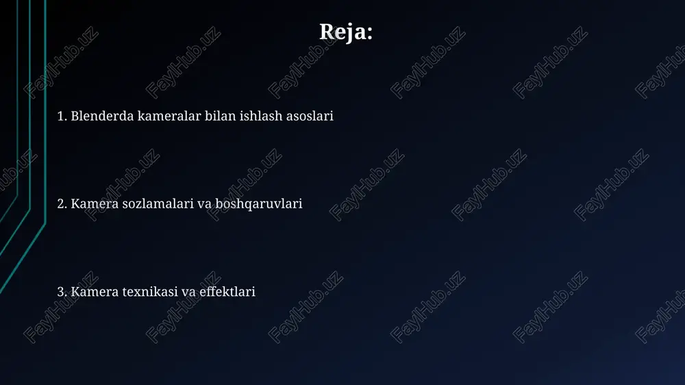 nalish hosil qiladi. kamera animatsiyasi: asosiy tushunchalar kamera animatsiyasida 3d fazoda 'keyframes'dan foydalanish asosiy bo'lib, vaqt o'tishi bilan kamera pozitsiyasi, aylanishi va fokus masofasini o'zgartiradi. kamera 'tracking' texnikasi real suratga olishdagi harakatlarni taqlid qiladi, bunda kamera ob'ektga qaratilib, doimiy ravishda uning harakatiga moslashadi. kamera animatsiyasida 'focal length' (fokus masofasi) 35mm ekvivalentida o'lchanadi va bu keng burchakli 18mm dan teleob'ektiv 200mm gacha bo'lishi mumkin. kamera animatsiyasi: kalit kadrlarni yaratish har bir kalit kadr kamera joylashuvi, aylanishi va fokus masofasini oʻz ichiga oladi, bu esa 3d sahnangiz boʻylab harakatlanuvchi murakkab kamera yoʻllarini yaratishga imkon beradi. kalit kadrlar 0 dan 100 gacha boʻlgan vaqt oraligʻida kamera joylashuvini oʻzgartirish kabi animatsiya nuqtalarini belgilash uchun ishlatiladi, bunda blender interpolatsiya qiladi. grafik muharrir yoki dope sheet yordamida kalit kadrlar vaqtini nozik sozlash mumkin. masalan, sekinlashtirish va tezlashtirish uchun bezier egri chiziqlaridan foydalanish mumkin. kamera animatsiyasi: yo'llar bo'ylab harakat kamera yo'li uchun 'track to' cheklovini qo'shish orqali, …