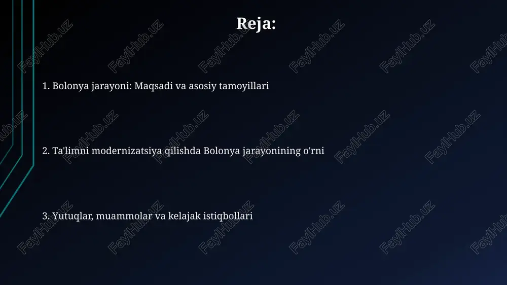 shishi va 3+2 (bakalavr+magistratura) modeliga o'tish imkoniyatlari mavjud. o'zbekistonda bolonya jarayonini amalga oshirishdagi muammolardan biri, mahalliy ta'lim tizimining moslashuvi, kredit tizimini joriy etish va professor-o'qituvchilarning tayyorgarligi hisoblanadi. e'tiboringiz uchun rahmat