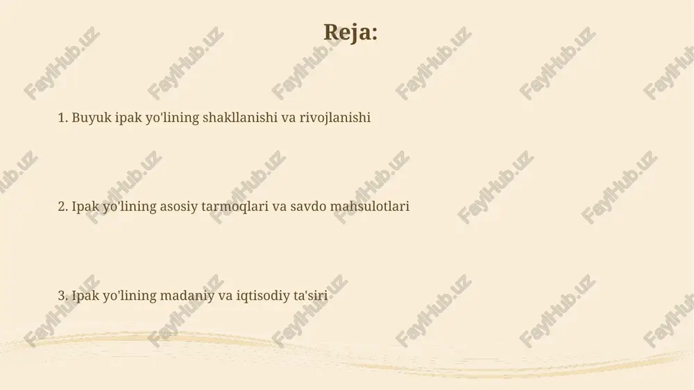 i, karvonlar va dengizchilarning yo'lini osonlashtirdi, xavfsizlikni oshirdi va xarajatlarni kamaytirdi. ipak yo'lining iqtisodiy ahamiyati ipak yo'li mintaqalar o'rtasida savdo aloqalarini rivojlantirib, bojxona tushumlarini oshirdi va davlat byudjetini sezilarli darajada, taxminan 15-20 foizga ko'paytirdi. yevroosiyo bo'ylab ipak, ziravorlar va metallarning keng miqyosdagi savdosi ishlab chiqarishni rag'batlantirdi, yangi ish o'rinlarini yaratdi hamda aholi daromadlarini 25-30 foizga oshirdi. dinning tarqalishi ipak yoʻli orqali ziravorlar savdosi rivojlanib, masalan, 14-asrda osiyodan evropaga dolchin, qora murch kabi mahsulotlar katta miqdorda yetkazilgan. oʻrta asrlarda ipak yoʻli orqali yangi mevalar (masalan, shaftoli), sabzavotlar (masalan, ismaloq) tarqalib, mintaqalar oshxonasida sezilarli oʻzgarishlar yasadi. tanazzul va qayta tiklanish tanazzul davri xv asrda boshlanib, dengiz yo'llarining rivojlanishi tufayli ipak yo'lining ahamiyati pasaydi, savdo hajmi sezilarli darajada 70% ga kamaydi. qayta tiklanish xxi asrda 'bir makon, bir yo'l' tashabbusi bilan bog'liq bo'lib, infratuzilmani rivojlantirishga 4 trillion dollar sarmoya kiritildi, transport xarajatlari kamaydi. ipak yo'lining merosi ipak yo'li nafaqat savdo yo'li bo'lgan, balki …