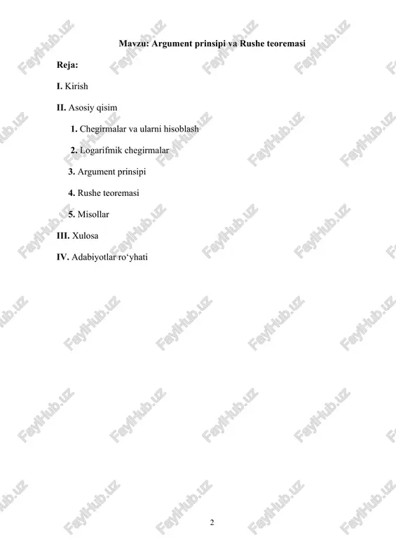 un koshi teoremasiga asosan (2) bo‘lib bu yerda bo‘ladi ( soat strelkasiga qarama qarshi va soat strelkasi bo’ylab yo’nalgan). u holda integralning additivlik xossasiga binoan quyidagi (3) munosabat o’rinli bo’ladi. shunday qilib, yuqorida qo’yilgan (1) masala bir muncha soddalashadi, ya’ni soha chegarasi bo’yicha olingan integral maxsus nuqtalarni o’rab oluvchi radiusi yetarlicha kichik aylanalar bo’yicha onlingan integrallarning yig’indisiga teng bo’lar ekan. endi chegirmani tushunchasini kiritamiz. aytaylik a nuqta funksiyaning yakkalangan maxsus nuqtasi bo’lsin: ta’rif. ushbu miqdorga, funksiyaning a nuqtadagi chegirmasi deyiladi va kabi belgilanadi: (4) bu yerda ixtiyoriy kichik son. izoh. golomorf funksiyani xossalaridan ma’lumki, yuqoridagi (4) integralni qiymati ga bog’liq bo’lmaydi va funksiyaning maxsus nuqtaga yaqin nuqtalarda lokal xossalarini aniqlaydi. demak, biz bu ta’rifga asosan va yuqoridagi (3) munosabatga asosan quyidagi chegirmalar haqidagi koshi teoremasini isbotladik. 1.1-teorema (koshi). aytaylik, bizga funksiya sohada berilgan bo’lib, shu sohaga tegishli chekli sondagi yakkalangan maxsus nuqtalardan boshqa barcha nuqtalarda golomorf va soha chegarasida uzluksiz …
