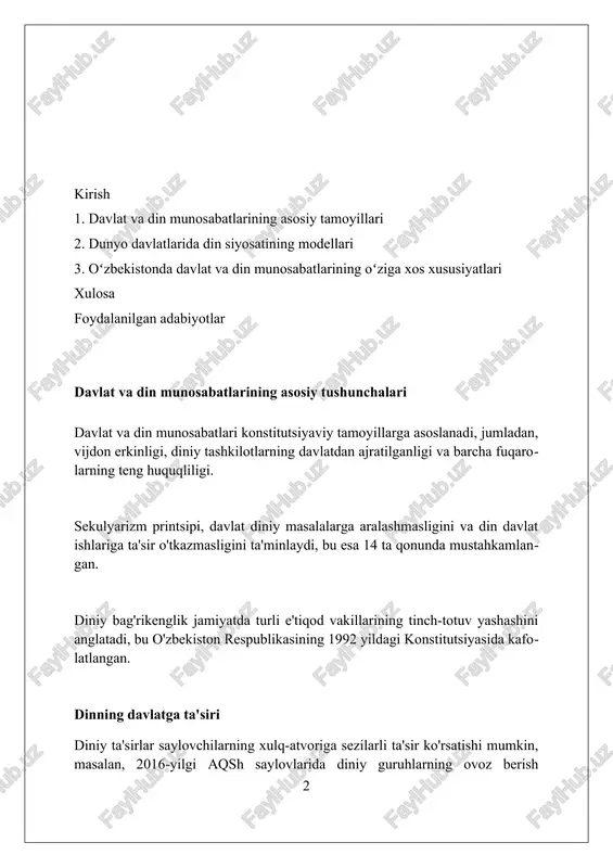 , bu esa diniy guruhlar faoliyatiga cheklovlar qo'yishga olib kelishi va ayrim diniy amaliyotlarni taqiqlashga sabab bo'lishi mumkin. diniy erkinlik: huquqiy asoslar o'zbekiston konstitutsiyasining 31-moddasi vijdon erkinligini kafolatlaydi, har kim xohlagan dinga e'tiqod qilish yoki hech qanday dinga e'tiqod qilmaslik huquqiga ega ekanligini belgilaydi. «vijdon erkinligi va diniy tashkilotlar to'g'risida»gi qonun (2021-yil) diniy tashkilotlarni ro'yxatdan o'tkazish tartibini belgilaydi, ularning faoliyati qonun doirasida olib borilishini ta'minlaydi. o'zbekiston respublikasi jinoyat kodeksining 156-moddasi diniy adovatni qo'zg'atish, diniy urf-odatlarni bajarish niqobi ostida fuqarolarning huquqlarini cheklash uchun jazolarni belgilaydi. dunyo davlatlarida davlat va din modellari fransiya kabi laitsistik davlatlar dinni shaxsiy masala deb biladi, davlat dinlardan betaraf boʻlib, 1905-yildagi qonunga koʻra davlat dinni moliyalamaydi. angliya kabi davlatlar konstitutsiyaviy monarxiya boʻlib, anglikan cherkovi davlat dini hisoblanadi, lekin boshqa dinlarga ham keng erkinliklar berilgan. eron kabi teokratik davlatlarda davlat dini islom boʻlib, shariat qonunlari asosida boshqariladi va diniy liderlar siyosiy hokimiyatga ega. sekularizm: mohiyati va amaliyoti sekularizm …