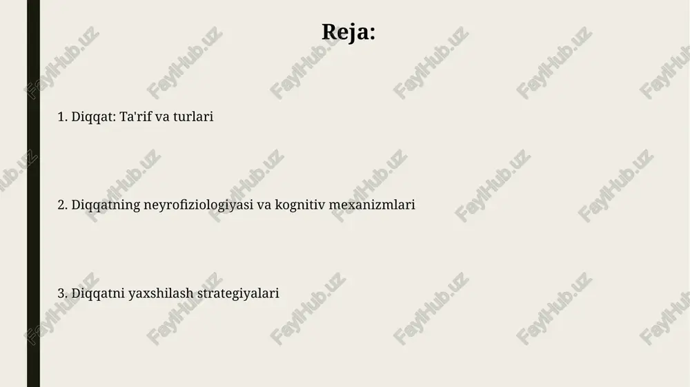 i. diqqatning buzilishi diqqat buzilishlariga adhd (diqqat tanqisligi va giperfaollik buzilishi) misol boʻla oladi, unda diqqatni jamlash qobiliyati 6 oydan ortiq davom etadigan muammolarga olib keladi. travmatik miya shikastlanishi (tms) natijasida diqqatning buzilishi kuzatilishi mumkin; bu holatda diqqatni ushlab turish qobiliyati 30 foizga kamayishi mumkin. diqqatni rivojlantirish usullari muntazam ravishda 15-20 daqiqa davomida meditatsiya qilish miyaning diqqatni jamlash qobiliyatini oshirib, stressni kamaytirishga yordam beradi. sherlock xolms usuli, ya'ni kichik detallarga e'tibor qaratish va xotirada saqlash, diqqatni rivojlantirishga 30%gacha yordam beradi. diqqat va xotira diqqatning hajmi, oʻrtacha 7 ± 2 elementdan iborat, bu xotirada bir vaqtning oʻzida ushlab turish mumkin boʻlgan maʼlumot miqdorini koʻrsatadi va qisqa muddatli xotiraga taʼsir qiladi. ish xotirasi diqqatni boshqarishda muhim rol oʻynaydi, murakkab vazifalarni bajarish uchun maʼlumotlarni saqlash va qayta ishlash imkonini beradi, bu 20-30 soniya davom etishi mumkin. diqqat va o'rganish diqqat, 7 +/- 2 qoidasi bilan bog'liq bo'lib, qisqa muddatli xotirada bir vaqtning o'zida …