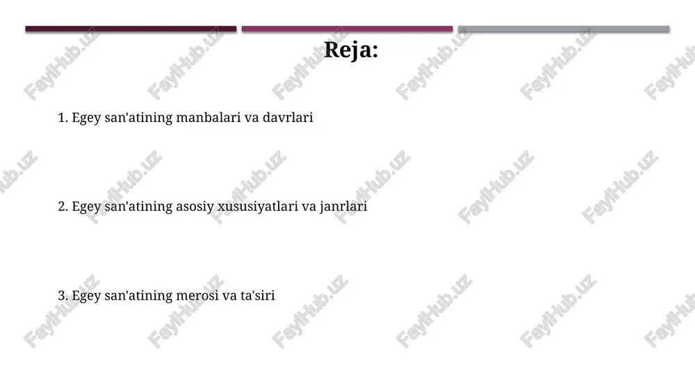 umlari, masalan, agamemnonning niqobi, marosim va bezak maqsadlarida ishlatilgan, oltinsozlikning yuqori mahoratini namoyish etadi. miken kulolchiligi: saroy uslubi va figurali sahnalar mikena saroy uslubi kulolchiligi geometrik naqshlar bilan bezatilgan, masalan, spirallar, uchburchaklar va gorizontal chiziqlar, ular idishlarni bezashda keng qo'llanilgan. figurali sahnalar, odatda jang sahnalari, ov manzaralari yoki diniy marosimlarni aks ettirgan, kulolchilikda muhim o'rin tutgan va hayotiy tasvirlarni namoyish etgan. egey san'atining arxitekturasi egey arxitekturasida saroylar muhim rol o'ynagan, knossos saroyi 1300 dan ortiq xonalari va murakkab suv ta'minoti tizimlari bilan ajralib turadi. minoan ustunlari pastga torayib borishi va yuqori qismida kengayishi bilan xarakterlanadi, bu esa misrlik ustunlardan farq qilib, o'ziga xos ko'rinish beradi. egey san'atida diniy timsollar egey san'atida diniy timsollar, xususan, minoan madaniyatida, buqa sig'inishi markaziy o'rinni egallagan. buqa kuch va unumdorlikning ramzi bo'lib, freskalarda aks ettirilgan. mikena san'atida dafn marosimlari bilan bog'liq diniy timsollar, masalan, oltin niqoblar va zeb-ziynatlar keng tarqalgan. ular o'lganlarning ruhini himoya qilishga …