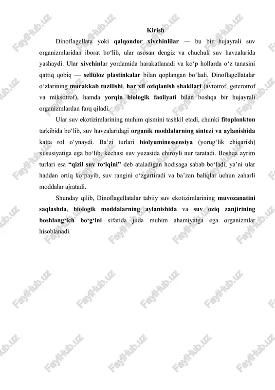 ki simbiont tarzida hayot kechiradi. tanasining umumiy tuzilishi dinoflagellatalarning tanasi ko‘pincha oval yoki dumaloq shaklga ega bo‘ladi. ularning o‘lchami 10 mikrondan 2 millimetrgacha yetadi. ular xivchinlilar turkumiga mansub bo‘lgani uchun tanasida ikki dona xivchin mavjud: biri uzunlamasiga joylashgan bo‘lib, organizmni oldinga siljitadi, ikkinchisi esa tanani aylantirish harakatini bajaradi. shuning uchun bu guruh vakillari harakatlanganda o‘z atrofida aylanib suzadi. dinoflagellatalarning eng muhim xususiyatlaridan biri — ularning tanasida qattiq qobiq (teka) mavjudligidir. bu qobiq sellüloz plastinkalardan tashkil topgan bo‘lib, organizmga “qalqon”simon ko‘rinish beradi. shu sababli ular “qalqondor xivchinlilar” deb ataladi. ba’zi turlarda bu qobiq yo‘q bo‘lib, ularning tanasi yalang‘och (teka hosil qilmagan) bo‘ladi. dinoflagellatalar hujayra devorida joylashgan plastinkalarning joylashishiga qarab ikki guruhga ajratiladi: · teqali (pansarmat) turlar — qattiq sellüloz plastinkali, mustahkam tuzilishga ega; · teqasiz (atekat) turlar — qobiqsiz, yumshoq hujayra devoriga ega. ichki tuzilishi ularning hujayra tuzilishi o‘ziga xosdir. sitoplazmasida yadro, xloroplast, mitoxondriya, vakuola va yadro apparati mavjud. yadroda xromosomalar …