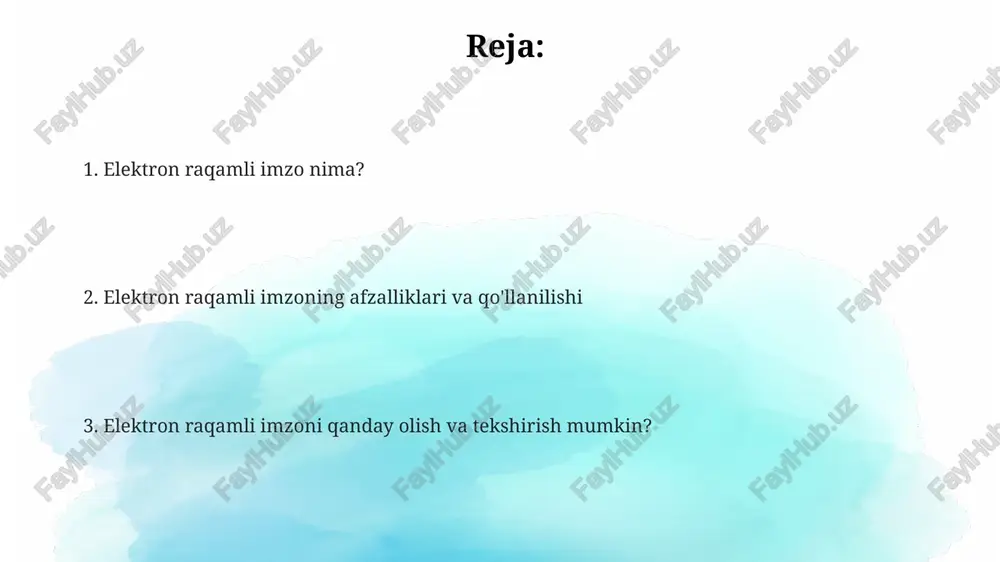 tirishga yordam beradi. xavfsizlik nuqtai nazaridan elektron raqamli imzo kriptografik algoritmlar (masalan, rsa 2048 bit) orqali ta'minlanadi, bu hujjatlarning soxtalashtirilishi xavfini 99.9% ga kamaytiradi. e'tiboringiz uchun rahmat image2.png image1.png