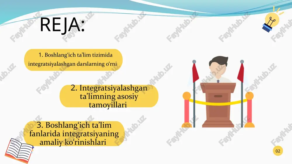 ash, kuzatish orqali o‘zlashtiradi. bu jarayonda o‘qituvchining roli o‘zgacha ahamiyat kasb etadi — u o‘quvchining faol ishtirokini ta’minlaydi, savollar berishga, fikr yuritishga va yangi yechimlar topishga yo‘naltiradi. 4 integratsiyalashgan rejalashtirish — bu o‘quv fanlari mazmunini uyg‘unlashtirish asosida dars jarayonini oldindan tizimli tarzda tashkil etishdir. rejalashtirish jarayonida o‘qituvchi avvalo o‘quv maqsadlarini aniqlaydi, fanlararo bog‘liqlikni belgilaydi, o‘quv faoliyati turlarini uyg‘unlashtiradi va baholash mezonlarini ishlab chiqadi. bunday yondashuv darslarning yagona didaktik maqsadga yo‘naltirilishini, o‘quvchilarda kompleks fikrlash ko‘nikmasini shakllantirishni ta’minlaydi. misol uchun, matematika va texnologiya fanlarini uyg‘unlashtirish orqali o‘quvchilar nafaqat hisoblash amallarini bajaradilar, balki o‘zlari yaratgan buyumlarning o‘lchovini aniqlash, chizmachilik elementlarini qo‘llashni ham o‘rganadilar. integratsiyalashgan ta’limda dars turlari ham yangicha shakllanadi. muammoli o‘qitish, loyiha metodlari, rolli o‘yinlar, kichik guruhlarda ishlash kabi metodlar orqali o‘quvchilar faol ishtirokchi sifatida bilimni egallaydilar. masalan, “men o‘qituvchiman” yoki “biz ekologlarmiz” kabi rolli o‘yinlar o‘quvchilarning nafaqat bilim, balki nutq, muloqot va hamkorlik ko‘nikmalarini ham rivojlantiradi. integratsiyalashgan rejalashtirishning afzalliklari ko‘p: u …