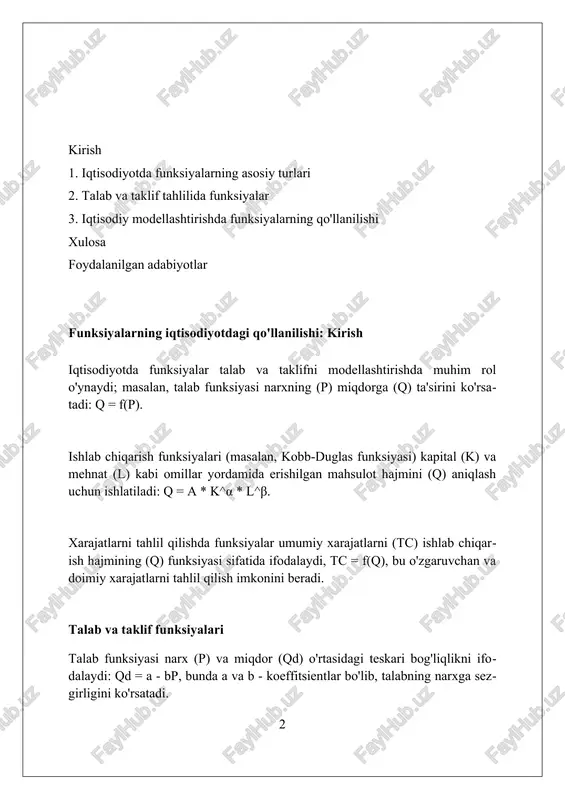 lar (mc) ishlab chiqarish hajmini bir birlikka oshirish natijasida yuzaga keladigan xarajatlardagi o'zgarishdir, ya'ni mc = ∆tc / ∆q, bu foydani maksimal darajaga ko'tarishda muhim rol o'ynaydi. daromad funksiyalari: umumiy, o'rtacha va marginal daromadlar umumiy daromad (tr) mahsulot narxi (p) va sotilgan miqdor (q) ko'paytmasidir; tr = p x q. u firma sotuvdan oladigan umumiy pul tushumini ko'rsatadi va daromad tahlili uchun muhimdir. o'rtacha daromad (ar) har bir sotilgan birlik uchun daromadni anglatadi. u umumiy daromadni sotilgan miqdorga bo'lish orqali hisoblanadi: ar = tr / q. ar odatda talab egri chizig'iga teng. marginal daromad (mr) qo'shimcha bir birlik sotishdan keladigan daromadning o'zgarishidir. mr = δtr / δq. mr qaror qabul qilishda muhim, ayniqsa optimal ishlab chiqarish darajasini aniqlashda. foyda funksiyalari: optimizatsiya foyda funksiyalari xarajatlar va daromad o'rtasidagi munosabatni ifodalaydi, 2-tartibli hosilalar optimallashtirish uchun maksimal foydani topishda muhim rol o'ynaydi. foyda maksimallashtirish shartlari, masalan, marginal daromad (mr) marginal xarajatga (mc) teng …