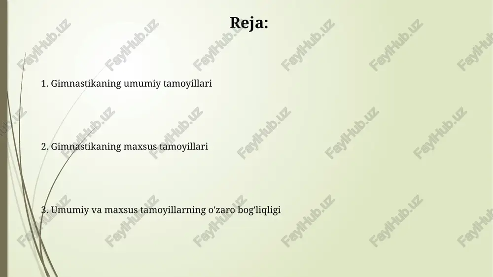 atsiya boshidan oxirigacha takrorlanadi, keyin esa xatolar tuzatiladi. mashq tanlash prinsiplari mashq tanlashda 1-asosiy tamoyil shundaki, mashqlar gimnastikachining jismoniy imkoniyatlariga mos bo'lishi kerak, yuklamani asta-sekin oshirib, travmalarni oldini oladi. mashq tanlashda 2-muhim jihat - bu gimnastikachining yoshini hisobga olish; yosh gimnastikachilar uchun oddiyroq, xavfsizroq elementlar tanlanadi, asta-sekin murakkablashadi. mashq yuklamasining prinsiplari yuklama asta-sekin oshirilishi kerak, masalan, har hafta mashq intensivligini 5-10% ga oshirish, jarohatlarning oldini olish va moslashuvga imkon berish uchun muhimdir. yuklama xilma-xilligi muskullarning har tomonlama rivojlanishi uchun zarurdir, masalan, bir xil mashqlarni takrorlashdan ko'ra, 3-4 turdagi mashqlarni navbatma-navbat bajarish yaxshiroq. isinish va sovutish “isinish” bosqichi 5-10 daqiqa davom etadi, unda umumiy rivojlantiruvchi mashqlar va yurak urish tezligini daqiqasiga 120-130 martagacha koʻtaradigan yugurish kabi mashqlar bajariladi. “sovutish” (tiklanish) - jismoniy faollikdan soʻng tanani asta-sekin tinch holatga qaytarish, 5 daqiqa davomida yengil choʻzish va nafas olish mashqlarini oʻz ichiga oladi. moslashuv prinsiplari moslashuv tamoyillari shug'ullanuvchilarning individual xususiyatlarini hisobga olgan holda, …