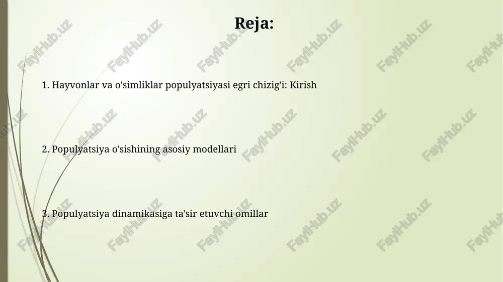 rsionaldir, bu esa j shaklidagi o'sish egri chizig'iga olib keladi. misol uchun, bakteriyalar optimal sharoitlarda har 20 daqiqada bo'linishi mumkin. cheklanmagan resurslar bo'lgan sharoitlarda populyatsiya eksponensial ravishda o'sishi mumkin, uning soni har bir birlik vaqtda doimiy foizga oshadi, masalan, 5% ga ko'payishi mumkin. o'sish egri chiziqlari: logistik o'sish logistik o'sish egri chizig'i, s shaklidagi egri chiziq sifatida ham tanilgan, dastlab eksponensial o'sishni ko'rsatadi, so'ngra atrof-muhit qarshiligi tufayli sekinlashadi va barqarorlashadi. sig'im hajmi, k bilan ifodalanadi, logistik o'sish modelida hal qiluvchi omil hisoblanadi. bu muayyan muhitda yashay oladigan maksimal populyatsiyani ifodalaydi. o'sish egri chiziqlariga ta'sir etuvchi omillar oziq-ovqat resurslarining mavjudligi o shaklidagi egri chiziqqa katta ta'sir ko'rsatadi; 1000 ta organizmning o'sishi oziq moddalar yetishmasligi tufayli to'xtashi mumkin. yirtqichlar soni ham populyatsiyaning o shaklidagi o'sishiga ta'sir qiladi; agar yirtqichlar ko'payib ketsa, 50% o'sish sur'ati keskin kamayishi kuzatilishi mumkin. atrof-muhit qarshiligi atrof-muhit qarshiligi populyatsiyaning eksponensial o'sishini sekinlashtiradigan omillar yig'indisi bo'lib, unga oziq-ovqat tanqisligi …