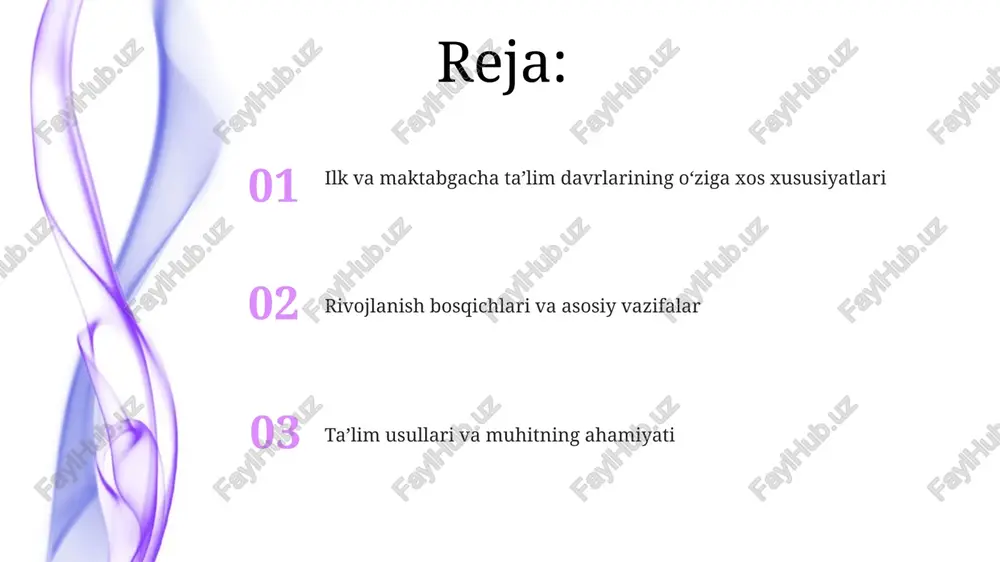 3-5 yoshda o'z-o'zini anglashning kuchayishi, o'zgalar his-tuyg'ularini tushunish va empatiya qobiliyatining rivojlanishini o'z ichiga oladi. maktabgacha yoshda ijtimoiy-emotsional ko'nikmalar, masalan, navbat kutish, bahsni hal qilish va hamkorlik qilish, tengdoshlar bilan munosabatlarning asosi hisoblanadi. nutqning rivojlanishi erta yoshda (0-3 yosh) nutq asosan imitatsiya orqali rivojlanadi; 18 oylikda bolalar 50 tagacha so'z bilishi, 2 yoshda esa 2-3 so'zdan iborat oddiy gaplar tuzishi mumkin. maktabgacha yoshda (3-6 yosh) nutq grammatik jihatdan murakkablashadi; 5 yoshga kelib, bolalar o'z fikrlarini to'liq ifodalash uchun 2500 dan ortiq so'zdan foydalanishi mumkin. o'qitish usullari va yondashuvlar preschool davrida 'loyihalashtirish' usuli bolalarni faol ishtirok etishga undaydi, bunda ular 3-6 yoshda muammolarni hal qilish va hamkorlik qilishni o'rganadilar. erta yoshda 'o'ynash orqali o'qitish' metodikasi ustunlik qiladi, bu bolaning 0-3 yoshdagi hissiy, ijtimoiy va kognitiv rivojlanishiga turtki beradi. o'yinning roli o'yin bolaning kognitiv rivojlanishida muhim rol o'ynaydi, unga 2-5 yoshda ob'ektlarning xususiyatlarini o'rganishga va muammolarni hal qilish ko'nikmalarini shakllantirishga yordam beradi. …