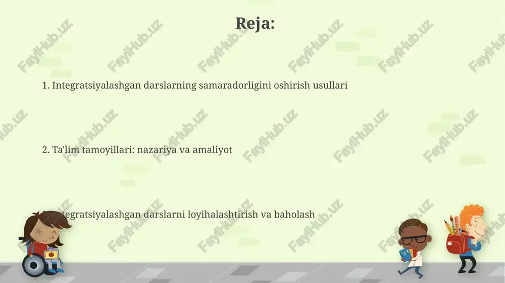ning o'rganish uslublari va 3 ta asosiy intellektual qobiliyatini hisobga olish muhim. texnologiyalarni tanlashda, 21-asr ko'nikmalari, masalan, tanqidiy fikrlash va muammolarni hal qilish kabi ko'nikmalarni rivojlantirishga yo'naltirilgan 4 ta asosiy usulni qo'llash kerak. baholash usullari: integratsiya natijalarini o'lchash rubrikalar baholashning integratsiyalashgan natijalarini o'lchashda, ko'rsatkichlarni (1-4 ball) aniqlab, talabalarning har bir jihat bo'yicha erishgan yutuqlarini baholashga yordam beradi. portfel baholash usuli talabalarning integratsiya davomida yaratgan ishlarini (loyiha, insho) yig'ib, ularning o'sishini va tushunchalarini 360 gradusda ko'rsatadi. o'qituvchilarning kasbiy rivojlanishi: integratsiyaga tayyorgarlik o'qituvchilar integratsiya darslariga tayyorgarlik ko'rish uchun 21-asr ko'nikmalarini (masalan, tanqidiy fikrlash) o'zlashtirishi va dars ishlanmalarida qo'llashi zarur. pedagoglarning kasbiy rivojlanishi integratsiyalashgan ta'limning 7 tamoyilini (faollik, relevantlik) chuqur tushunishni va ularni amalda qo'llashni o'z ichiga oladi. muammolar va ularni hal etish yo'llari muammolarni aniqlashning dastlabki bosqichi - bu vaziyatni tahlil qilish va 5w1h (who, what, when, where, why, how) usulidan foydalanish orqali ma'lumot to'plashdir. ideal yechimni topish uchun swot (strengths, weaknesses, …