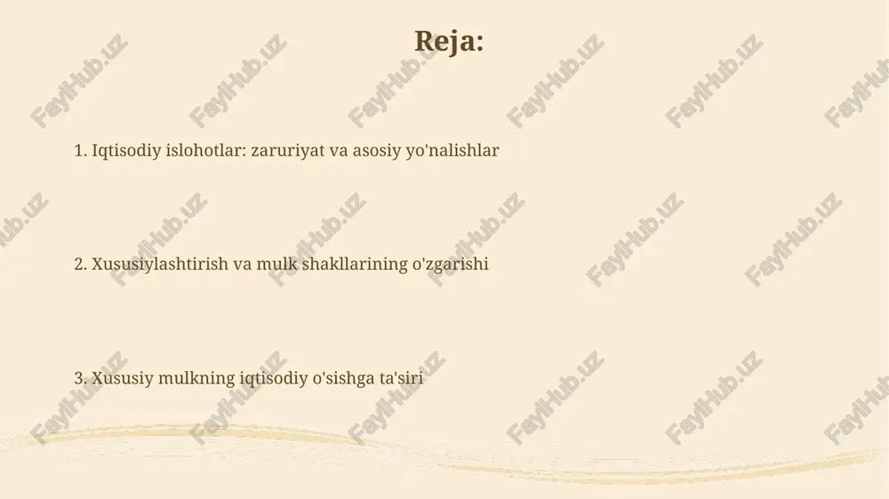 i investitsiyalarni rag'batlantirish orqali ta'minlaydi, bu esa 10-15% kapital unumdorligini oshiradi va texnologik yangiliklarni rivojlantiradi. mulk huquqi 25% dan 40% gacha bo'lgan yalpi ichki mahsulot o'sishiga hissa qo'shadi, bu esa korruptsiya darajasini kamaytiradi va resurslarni samarali taqsimlashga yordam beradi. davlat mulkini xususiylashtirishning ijobiy va salbiy oqibatlari xususiylashtirish davlat byudjetiga qisqa muddatli daromad olib keladi, ammo uzoq muddatda davlat aktivlaridan doimiy daromad oqimini yo'qotadi, bu esa iqtisodiy muvozanatga ta'sir qilishi mumkin. xususiylashtirish natijasida ayrim korxonalar samaradorlikni oshirishi va yangi texnologiyalarni joriy etishi mumkin, ammo bu ish o'rinlarining qisqarishiga olib kelishi ehtimoli yuqori. xususiy mulk huquqlarining himoyasi va kafolatlari konstitutsiyaning 36-moddasiga ko'ra, har bir shaxs mulkka egalik qilishga haqli. qonuniy asoslarda topilgan mol-mulkdan hech kim mahrum etilishi mumkin emas. 2019-yilda qabul qilingan qonun mulk huquqlarini himoya qilish mexanizmlarini kuchaytirdi. unda davlat organlarining mulkka noqonuniy aralashuvi uchun javobgarlik belgilangan. qishloq xoʻjaligida xususiy mulk va yer islohotlari 90-yillarda qishloq xoʻjaligida xususiy mulkni shakllantirish boʻyicha …