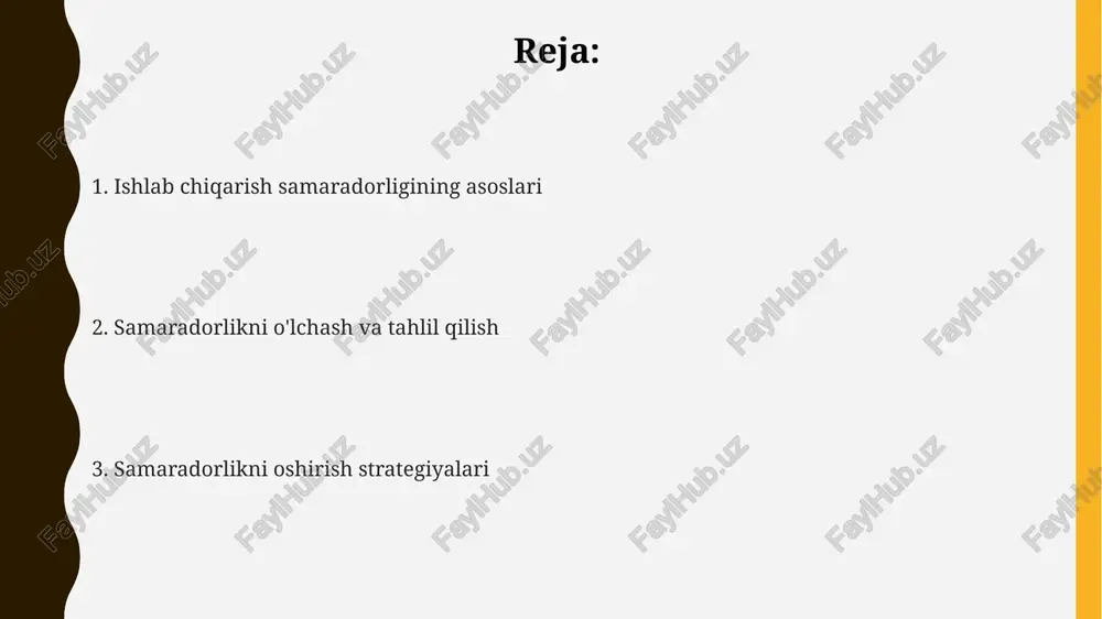 t kabi 3 ta omilni ko'paytirish orqali aniqlanadi. oee ning yuqori ko'rsatkichi (85% dan yuqori) samarali ishlab chiqarishni ko'rsatadi. e'tiboringiz uchun rahmat