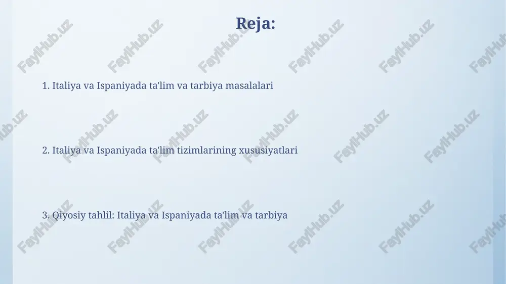 larning muvaffaqiyatlari baholash tizimi 1 dan 10 gacha bo'lgan shkala bo'yicha amalga oshiriladi, 6 ball o'tish ball hisoblanadi. ispaniyada baholash tizimi ham 1 dan 10 gacha bo'lib, lekin 5 ball o'tish balli hisoblanadi, bu o'quvchining kamida asosiy bilimga ega ekanligini anglatadi. ota-onalarning roli va oilaviy tarbiya ota-onalarning roli italiya va ispaniyada bolaning ta'lim olishida 2 tomonlama: birinchisi, moliyaviy ta'minot, ikkinchisi, 10 yoshgacha bo'lgan bolalarga bevosita ta'lim berish. oilaviy tarbiya ispaniyada katolik dinining ta'siri ostida shakllangan bo'lsa, italiyada bu ko'proq mintaqaviy urf-odatlarga bog'liq, lekin ikkalasida ham oila ustuvor ahamiyatga ega. muammolar, tendensiyalar va istiqbollar italiya va ispaniyada ta'limdagi muammolar - bu erta maktabni tashlab ketish darajasi, ayniqsa ispaniyada, 15% dan yuqori, bu yevropa ittifoqi o'rtacha ko'rsatkichidan yuqori. tendensiyalar orasida stem (fan, texnologiya, muhandislik, matematika) sohalarida ta'limga e'tibor kuchaymoqda, chunki yevropa bo'ylab raqamli ko'nikmalar tanqisligi kuzatilmoqda. e'tiboringiz uchun rahmat image4.png image5.jpg image6.jpg image7.jpg image8.jpg image9.jpg image10.jpg image11.jpg image1.jpeg