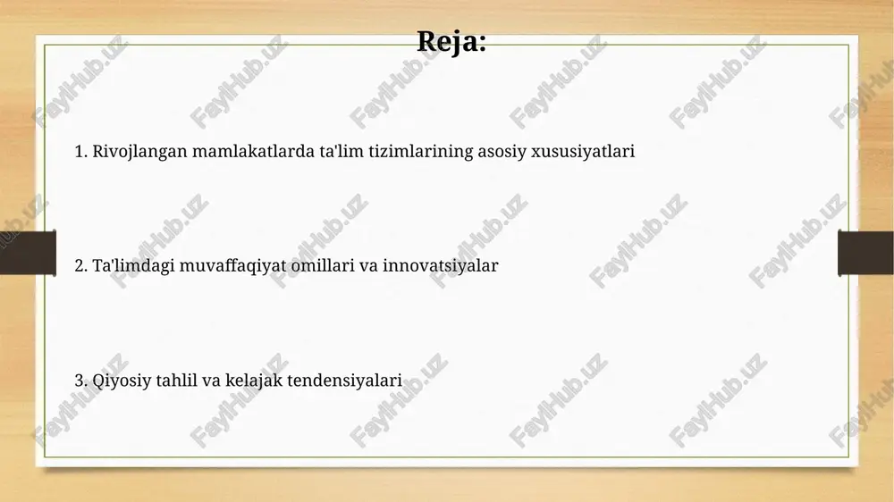 gi karyeralari uchun muhim poydevor hisoblanadi. ko'pgina rivojlangan mamlakatlarda o'rta ta'lim davlat tomonidan moliyalashtiriladi va majburiydir, o'quvchilar uchun teng imkoniyatlarni ta'minlaydi va maktabga qatnashish darajasini 95% dan oshiradi. oliy ta'lim ko'pgina rivojlangan davlatlarda oliy ta'lim, bakalavriat darajasini olish uchun odatda 3 yildan 4 yilgacha davom etadi, fanlararo yondashuvlar esa keng tarqalgan. rivojlangan mamlakatlardagi oliy ta'lim tizimlari kredit tizimiga asoslangan bo'lib, talabalar o'qish davomida ma'lum miqdordagi kreditlarni to'plashlari kerak. kasbiy ta'lim va trening kasbiy ta’lim odatda 16 yoshdan keyin boshlanadi va amaliy ko'nikmalarga qaratilgan, shuningdek, malakali ishchi kuchini shakllantirish uchun maxsus o'quv dasturlarini o'z ichiga oladi. ko'pgina rivojlangan mamlakatlarda kasbiy ta'lim dual tizim asosida tashkil etilgan bo'lib, nazariya va amaliyot integratsiyasi 70/30 nisbatda, ya'ni 70% amaliyotga yo'naltirilgan. o'qituvchilar tayyorlash va rivojlantirish rivojlangan davlatlarda o'qituvchilar uchun malaka oshirish dasturlari keng qamrovli bo'lib, har 3-5 yilda bir marta majburiy kurslar o'tkaziladi. o'qituvchilar tayyorlashda amaliyotga katta e'tibor qaratiladi, talabalar o'quv jarayonining kamida 20 foizini …