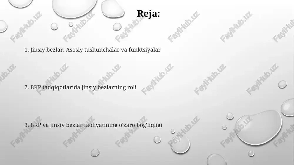 lab chiqarish funksiyasi testosteron orqali ikkilamchi jinsiy belgilar rivojlanishini ta'minlaydi, shu jumladan mushak massasining oshishi va ovozning o'zgarishi. ayol jinsiy bezlari (tuxumdonlar): tuzilishi va funktsiyasi tuxumdonlar 2-3 sm kenglikda bo'lib, folikullardan iborat. har bir folikula oosit 1 va granulosa hujayralaridan tashkil topgan, ular esa estrogen ishlab chiqaradi. tuxumdonning asosiy vazifasi oositlarni yetishtirish va ovulyatsiya jarayonida chiqarishdir. bu jarayon gormonlar (fsh, lh) ta'sirida boshqariladi, ayol reproduktiv salomatligi uchun muhim. tuxumdonlar estrogen va progesteron kabi steroid gormonlarni ishlab chiqaradi. estrogenlar ikkilamchi jinsiy belgilarning rivojlanishiga va progesteron homiladorlikni saqlashga yordam beradi. gormonal regulyatsiya: androgenlar, estrogenlar va progesteron estrogenlar, asosan estradiol, ayollarda hayz siklining tartibga solinishida va bachadon shilliq qavatining 10-12 kunga o'sishida bevosita ishtirok etadi. androgenlar, xususan testosteron, erkaklarda jinsiy rivojlanish va ikkilamchi jinsiy belgilar shakllanishida muhim rol o'ynaydi, shuningdek mushak massasini 5-7 kg oshiradi. progesteron homiladorlikni saqlashda muhim, bachadonning qisqarishini kamaytiradi va homiladorlikning dastlabki 8-10 haftasida implantatsiyani ta'minlaydi. jinsiy yetilish va gormonal …