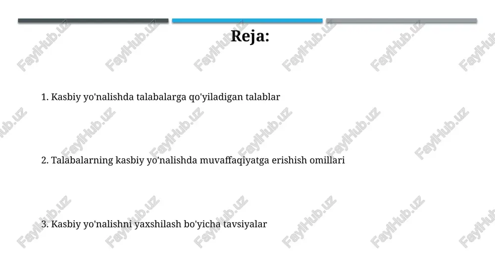 m ahamiyatga ega. o'quvchilarga 9-sinfdan so'ng kollej yoki litseyga kirish imkoniyatlarini tushuntirish, ularning qiziqishlariga mos keladigan kamida uchta kasb variantini ko'rib chiqish muhimdir. amaliy ko'nikmalarni rivojlantirish amaliy ko'nikmalarni rivojlantirish, 21-asr ko'nikmalarini, jumladan, tanqidiy fikrlash, muammolarni hal qilish va hamkorlikni shakllantirishga qaratilgan amaliy mashg'ulotlarni o'z ichiga oladi. simulyatsiyalar va real loyihalar orqali amaliy ko'nikmalarni oshirish o'quvchilarga nazariy bilimlarini 100% amaliyotda qo'llashga va ish beruvchilar talab qiladigan tajribani orttirishga yordam beradi. ota-onalarning roli va ishtiroki ota-onalar farzandlarining qiziqishlari va qobiliyatlarini 7 yoshdan boshlab kuzatib, kasb tanlash jarayonida 80%gacha ta'sir ko'rsatishi mumkin. ota-onalarning 60%i farzandlarining kelajakdagi karyeralari haqida ma'lumot berishlari, 4 ta asosiy kasb sohalarini tushuntirishlari zarur. e'tiboringiz uchun rahmat image1.png image2.jpg image3.jpg image4.jpg image5.jpg image6.jpg image7.jpg image8.jpg