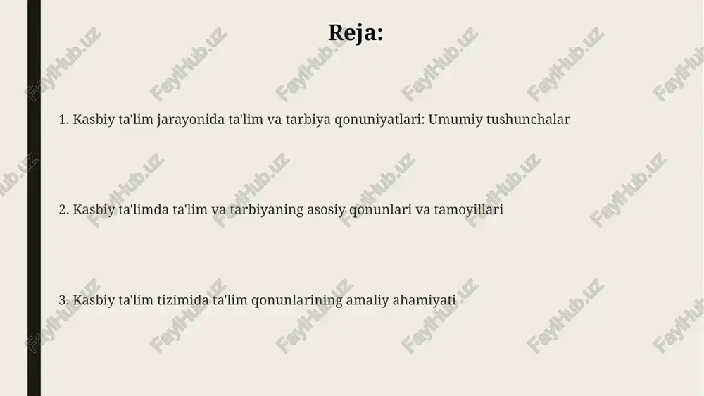 muhim elementlar kiradi. kasb-hunar ta'limi tizimida ta'lim qonunlarining roli ta'limning uzluksizligi qonuni, 1997-yildagi ta'lim to'g'risidagi qonun bilan mustahkamlanib, kasb-hunar o'quvchilarining bilimini bosqichma-bosqich oshirishni ta'minlaydi. ilmiylik va dunyoviylik qonuni, ta'lim mazmunini zamonaviy kasblar uchun zarur bo'lgan 21-asr ko'nikmalariga moslashtirishni nazarda tutadi. demokratiklik va insonparvarlik qonuni, har bir o'quvchining individual qobiliyatlarini hisobga olgan holda, ularga 100% imkoniyatlar yaratishga qaratilgan. tarbiya qonunlarining kasb-hunar ta'limidagi ahamiyati kasb-hunar ta'limida tarbiya qonunlari 3 asosiy omil: oila, ta'lim muassasasi va jamiyat bilan hamkorlikni mustahkamlashga yordam beradi. tarbiya qonunlari shaxsning 7 asosiy xususiyatini rivojlantirishga yo'naltirilgan bo'lib, kasbiy ko'nikmalarni shakllantirishda muhim rol o'ynaydi. tarbiya qonunlariga muvofiq, o'quv jarayoni 6 ta asosiy bosqichda tashkil etiladi, bu esa talabalarning kasbiy mahoratini oshiradi. ta'lim qonunlarining kasbiy kompetentlikni shakllantirishga ta'siri kasbiy kompetentlikni shakllantirishga qaratilgan qonun hujjatlari, misol uchun, vazirlar mahkamasining 123-sonli qarori, malaka talablariga 90 foiz mos keluvchi dasturlarni joriy etishga yo'naltirilgan. ta'lim qonunlari, xususan, 'ta'lim to'g'risida'gi qonun talabalar kompetentligini oshirish uchun 5 …