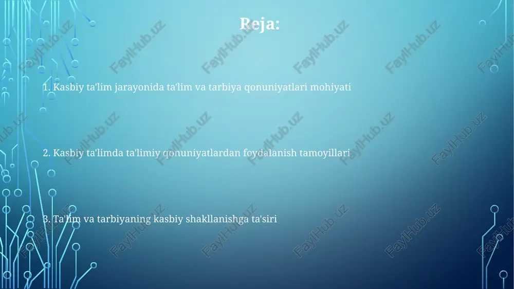3 ta asosiy tamoyilga asoslanadi. ijtimoiy muhit ta'siri 70% ni tashkil etadi, irsiyat 20%, tarbiya esa atigi 10% ni tashkil qiladi; bu nisbat tarbiya jarayonining ahamiyatini pasaytirmaydi, aksincha unga talabni oshiradi. tarbiya samaradorligi o'quvchi va tarbiyachining o'zaro munosabatlari, ya'ni, 1) hamkorlik, 2) hurmat va 3) ishonchga asoslangan ijobiy psixologik muhit yaratish orqali 45% ga oshirilishi mumkin. ta'limning asosiy qonunlari ta'limning insonparvarlashuvi qonuni har bir shaxsning individual xususiyatlarini hisobga olgan holda, 9 yillik majburiy ta'limni tashkil etishni nazarda tutadi. ta'limning uzluksizligi qonuni shuni ko'rsatadiki, 3 yoshdan boshlab to hayotning oxirigacha davom etadigan, 5 bosqichli ta'lim tizimini yaratish zarur. ta'limning demokratlashuvi qonuni ta'lim muassasalarida o'qitish usullarini tanlashda erkinlikni, 11 yillik majburiy umumiy o'rta ta'lim olish huquqini kafolatlaydi. tarbiya tamoyillari: nazariya va amaliyot "tarbiya tamoyillari"ning 5 ta asosiy komponenti (insonparvarlik, demokratizm, milliy o'zlikni anglash) kasbiy ta'limda yuqori malakali mutaxassislar tayyorlashda axloqiy me'yorlarni shakllantiradi. "tarbiya tamoyillari" nazariyasi shaxsning har tomonlama rivojlanishiga yo'naltirilgan 12 ta …