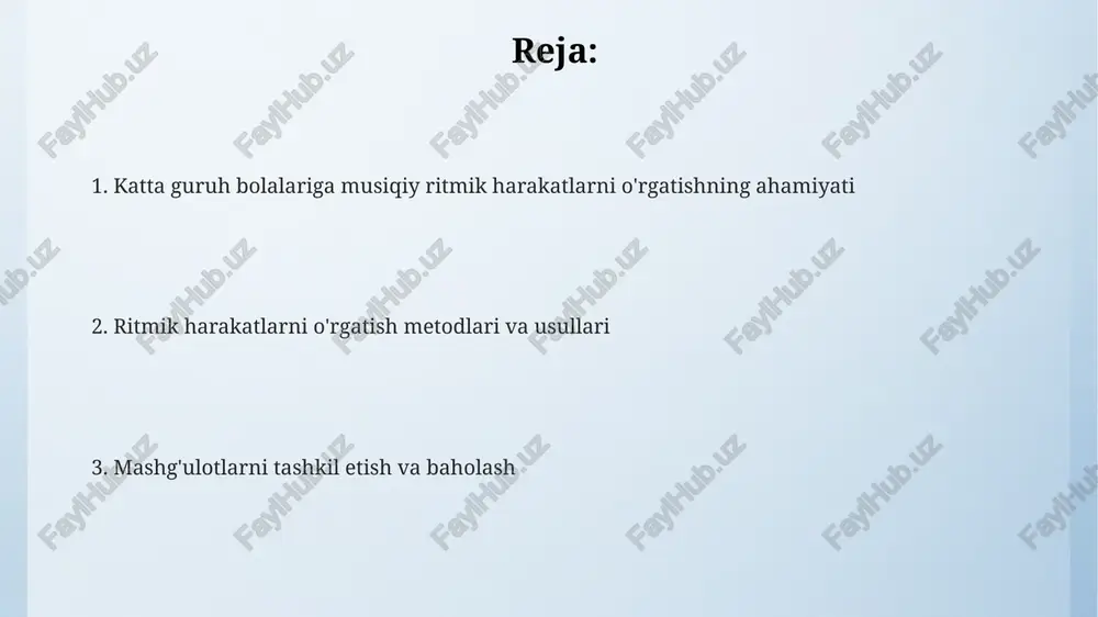 harakatlarning ta'limiy ahamiyati musiqiy ritmik harakatlar 4-6 yoshdagi bolalarda koordinatsiyani rivojlantiradi, notalarning uzunligini (butun, yarim, chorak) anglash orqali raqs qobiliyatini oshiradi. ritmik harakatlar orqali bolalar 2/4, 3/4, va 4/4 kabi o'lchovlarni farqlashni o'rganadilar, bu esa musiqa tushunchalarini 3 baravar yaxshilaydi. musiqiy ritmik mashg'ulotlar bolalarning ijodiy qobiliyatini 1.5 baravar oshiradi, ularning 8 xil harakat kombinatsiyalarini yaratish imkoniyatini beradi. dars uchun materiallar va jihozlar rangli lentalar, sharflar va o'yinchoqlar (ayiqchalar, quyonlar) bolalarning harakatlarini vizual tarzda ifodalashga va harakatlarni aniq bajarishga imkoniyat yaratadi. ritmik harakatlar uchun musiqa asboblari (tamburinlar, qo'ng'iroqchalar, barabanlar) bolalarga turli ritmik naqshlarni, masalan, 4/4 taktni aniq his qilishga yordam beradi. musiqiy markaz yoki kompyuter, dinamiklar va turli xil musiqa janrlaridagi (vals, polka, marsh) bolalar qo'shiqlari bolalarning ritmik sezgirligini rivojlantirish uchun zarur. mashg'ulot tuzilishi va bosqichlari yakuniy qismda 1-2 ta tinchlantiruvchi o'yinlar o'tkaziladi, masalan, «quyon va ayiq» yoki «muzlagan raqs», mashg'ulotning umumiy davomiyligi 20-25 daqiqani tashkil etadi. mashg'ulot 3 qismga bo'linadi: …