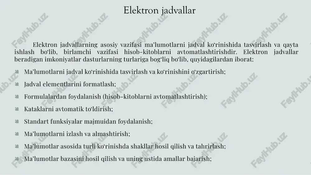 kasr qismga ajratish ─ “,” elektron jadvallar – ustun va satrlar birlashmasidan iborat jadval bo‘lib, satr va ustun kesishmasi katakcha yoki yacheyka deyiladi. katakchaga quyidagi kabi ma’lumotlarni kiritish mumkin: matnli sonli sanali vaqt formula funksiya jadval bilan ishlash uchun quyidagilarni bilish lozim: katakchaga ma’lumotlar kiritish – katakcha belgilanadi. matn, son yoki formula kiritiladi. kiritish (enter) tugmasi bosiladi. katakchadagi ma’lumotlarni tahrirlash - katakcha belgilanadi. f2 klavishi bosiladi. tahrirlash bajariladi. kiritish klavishi bosiladi. katakchadagi ma’lumotlarni o‘chirish – katakcha yoki katakchalar bloki belgilanadi. o‘chirish (delete) klavishi bosiladi. son – raqam belgilaridan iborat (birinchi belgisi % bo‘lishi mumkin), orasida faqat bitta “,” belgisi bo‘lgan ketma-ketlik. masalan, 3; 5,2468; 10,01. kiritilayotgan son katakcha kengligiga sig‘masa, u holda excel uni turiga qarab eksponensial yoki “########” ko‘rinishda ifodalaydi. formula – katakchaga kiritilayotgan “=“ (tenglik) belgisidan boshlangan ketma-ketlikdir. formulada sonlar, katakcha adreslari va funksiyalar arifmetik amallar orqali bog‘lanadi. masalan, “=c1-256”, “=a2-4*b6”. matn – katakchaga kiritilgan ketma-ketlik son ham, …