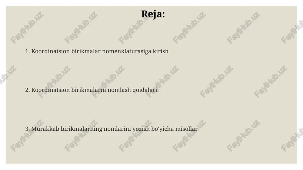 di. agar markaziy metall ionining oksidlanish darajasi bir nechta bo'lsa, u rim raqamlari bilan ko'rsatiladi (i, ii, iii va hokazo). misol uchun, [fe(cn)6]4- ionida temir (ii) oksidlanish darajasiga ega. e'tiboringiz uchun rahmat image3.png