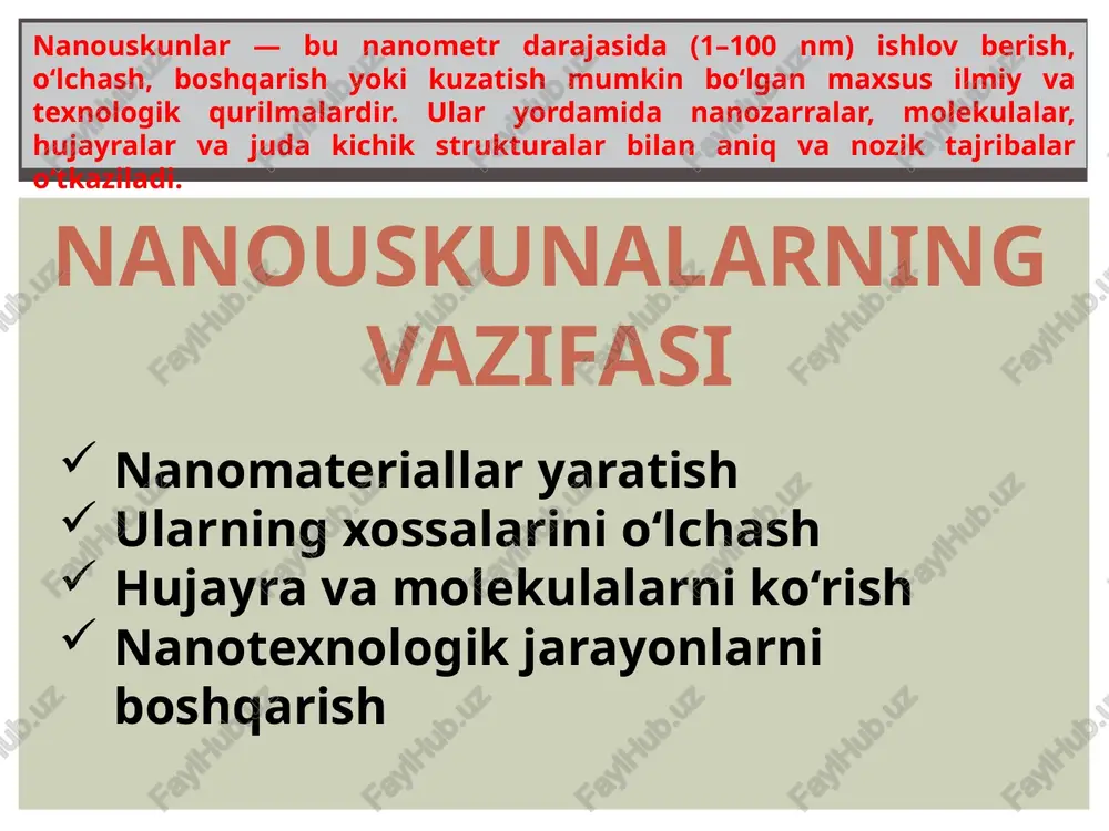 lanilishi: biopolimerlar, membranalar, hujayra sirtining o‘lchovi, nanomexanik xossalar. amaliy qo‘llanilish sohalari — batafsil misollar tibbiyot: nano-dorilar tarqatish, implant yuzasini modifikatsiya, diagnostika (sers sensorlar), nanopartikulali kontrast moddalar (mri). materialshunoslik: grafen, karbon nanotubalar, nano-kompozitlar — yuqori mustahkamlik, elektr o‘tkazuvchanlik. elektronika: nanochiplar, molekulyar tranzistorlar, flash xotira elementlari. atrof-muhit: suvdagi ifloslanishni nano-sensorlar bilan kuzatish, adsorbsiya uchun nano-filtrlar. oziq-ovqat: mikrobiologik detektorlari, paketlarda sensor qavati. 2.3 tem — transmissiya elektron mikroskopi ishlash printsipi: juda yupqa (nm qalinlik) namunadan elektronlar o‘tadi; ichki struktura tasviri olinadi. namuna tayyorlash: ultrabicking, kesish va ultrafin cho‘polash kerak. rezolyutsiya: sub-nanometr — atom darajasini ko‘rish mumkin. qo‘llanilishi: kristall tuzilma, nanopartikula yadrosi, biologik organellar. 2.4 stm — skanning tunel mikroskopi ishlash printsipi: o‘ta nozik uchi va namunaning orasidagi elektron tunnellash oqimi o‘lchanadi. rezolyutsiya: atom darajasi. qo‘llanilishi: yuzadagi atomlarni joylashtirish va manipulyatsiya qilish — molekulyar elektronika. 2.5 dls — dinamik nur tarqalishi (dynamic light scattering) ishlash printsipi: nanozarralarning brown harakati orqali nur tarqalishi oʻlchanadi va …