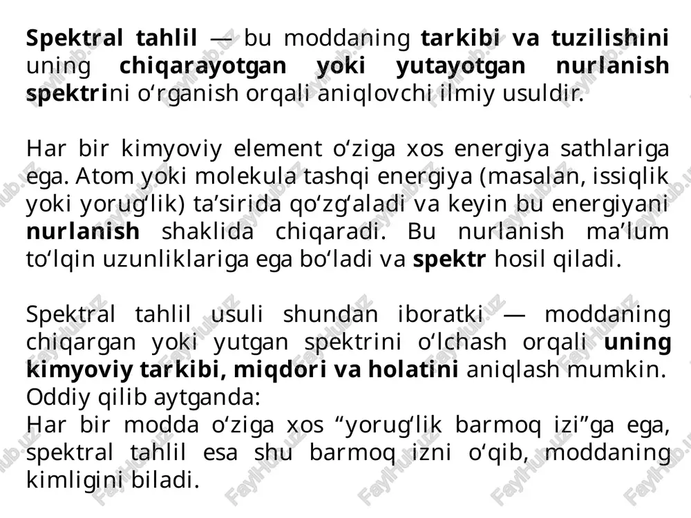 n: qotishmalardagi mis, rux, temir, marganes miqdorini o‘lchash; kimyoviy reagentlarning tozaligini tekshirish. 🔹 b) fizikada va astrofizikada: yulduzlar, sayyoralar va galaktikalarning tarkibini faqat ularning nurlanish spektrlari orqali bilish mumkin. masalan, quyosh spektrida vodorod, geliy, temir va boshqa elementlar mavjudligi aniqlangan. 🔹 c) tibbiyot va biologiyada: spektral tahlil qon, to‘qima yoki suyuqlik tarkibini tez va aniq o‘lchash uchun ishlatiladi (masalan, infraqizil spektr orqali qand miqdorini aniqlash). 🔹 d) atrof-muhitni muhofazada: atmosferadagi gazlar (co₂, no₂, so₂) miqdorini aniqlashda qo‘llaniladi. spektral tahlil — modda tarkibini fizik usulda, tez, noinvaziv va yuqori aniqlik bilan aniqlash imkonini beruvchi muhim ilmiy metoddir. u kimyo, fizika, ekologiya, tibbiyot va hatto kosmik tadqiqotlarda beqiyos ahamiyatga ega. spektral tahlil turlari spektral tahlil moddaning nurlanish spektrini o‘rganish orqali amalga oshiriladi. asosiy turlari quyidagilar: 🔹 a) emissiya spektral tahlil modda issiq yoki elektromagnit nurlanish bilan qo‘zg‘atilganda chiqaradigan nurlanishni o‘rganadi. har bir elementning chiqargan spektri unikal bo‘ladi, shu sababli element tarkibi aniqlanadi. …