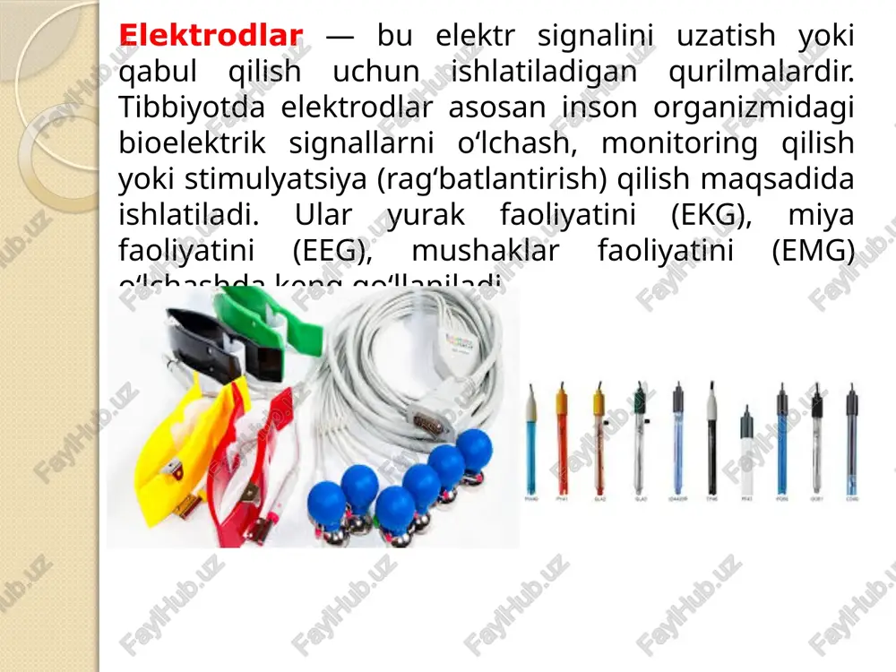 tlam bo‘lmasa) tuzilishi: odatda silliq yoki yuzasi maxsus qoplama bilan himoyalangan sirtiga oksidlar, qotishmalar yoki izolyatsiya qatlami qo‘yilishi mumkin temir elektrodlar tibbiyotda kamroq uchraydi, chunki ular organizm bilan bevosita kontaktga kirganda korroziyaga uchrashi mumkin. shunga qaramay, ular quyidagi sohalarda ishlatiladi: a) diagnostika qurilmalarida (sirt elektrod sifatida) ekg (elektrokardiografiya) va emg (elektromiografiya) qurilmalarida vaqtinchalik qo‘llanilishi mumkin. foydalanishdan oldin gel yoki o‘tqazuvchi pasta bilan ishlatiladi. b) fizioterapiya va elektrostimulyatsiya past chastotali elektr impulslarni uzatish orqali mushaklarni rag‘batlantirish uchun ishlatiladi. reabilitatsiya markazlarida keng qo‘llaniladi. c) ilmiy va laboratoriya tadqiqotlarida biopotensiallarni o‘lchash tajribalari bioelektrik monitoring tizimlarida vaqtinchalik elektrod sifatida biotibbiy elektrodlarda ishlatiladigan zamonaviy materiallar zamonaviy biotibbiy elektrodlarda ishlatiladigan materiallar biologik muvofiqlik (biocompatibility), elektr o'tkazuvchanlik, egiluvchanlik va kuchsiz reaksiya berish kabi xossalarga ega bo‘lishi kerak. shuning uchun temirga nisbatan ko‘proq quyidagi ilg‘or materiallar ishlatilmoqda: kumush/silver (ag): yuqori o'tkazuvchanlik, antiseptik xususiyatlar oltin/gold (au): juda barqaror, korroziyaga chidamli, invaziv elektrodlarda ishlatiladi uglerod asosli materiallar (grafen, uglerod nanotubalar): …