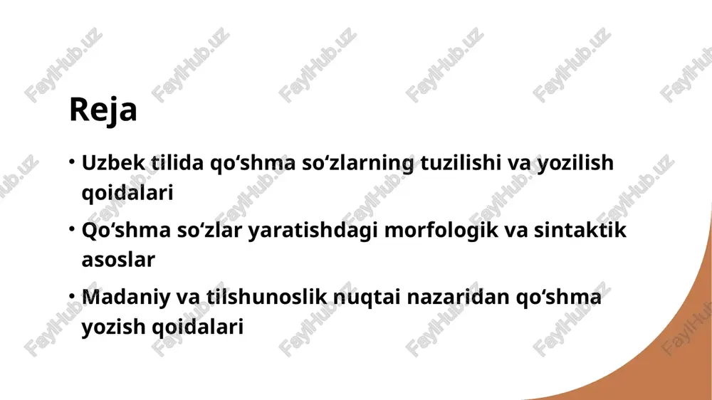 bog‘lanish qoidalari bu qoidalar qo‘shma so‘zlarning so‘z birligida qanday joylashishini va grammatik jihatdan qanday bog‘lanishini belgilaydi. to‘g‘ri bog‘lanish ma’no aniq va tushunarli bo‘lishiga yordam beradi. 03 yozish shakllari qo‘shma so‘zlar yozilishida bog‘lanish shakllari muhim. ular so‘zlarning ma’no va funksiyasiga qarab, bir-biriga qo‘shilish yoki alohida yozilish shaklida bo‘lishi mumkin. tilshunoslik va madaniy nuqtai nazardan qo‘shma yozish qoidalari 1 tilshunoslik nuqtai nazari - qo‘shma so‘zlar tilshunoslikda morfologik va sintaktik qonuniyatlar asosida shakllanadi, bu esa ularning to‘g‘ri yozilishi va tushunilishini ta’minlaydi. 2 madaniy kontekst - madaniyat va an’analarga asoslangan yozish uslublari, milliy identitet va til madaniy meros sifatida qo‘shma yozishni shakllantiradi va rivojlantiradi. 3 yozish qoidalarining muhimligi - tilshunoslik va madaniyat nuqtai nazaridan, qo‘shma yozish qoidalarining amal qilishi, tilning boyligi va muloqot samaradorligini oshiradi. tarixiy rivojlanish va zamonaviy yozish amaliyotidagi qo‘shma so‘zlar 1 tarixiy rivojlanish - qo‘shma so‘zlarning yozilishi tarix davomida o‘zgarib borib, yozuv tizimlari va tillar o‘rtasidagi aloqalar natijasida rivojlangan. 2 zamonaviy …